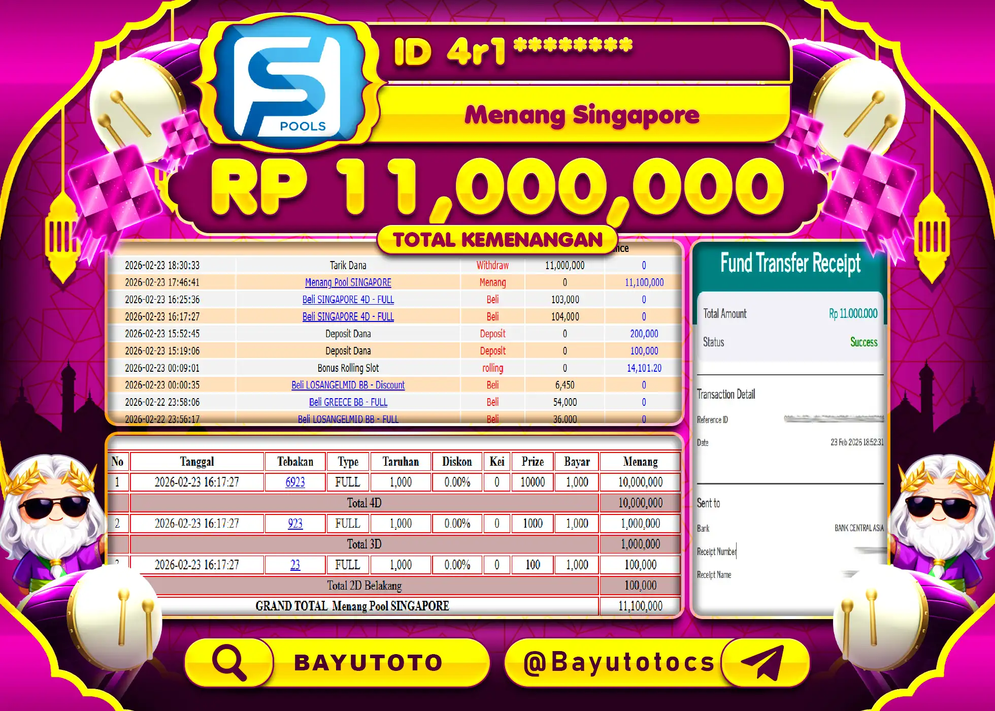 SELAMAT MEMBER SETIA BAYUTOTO JACKPOT DI PASARAN TOGEL SINGAPORE Rp. 11,000,000 LUNAS