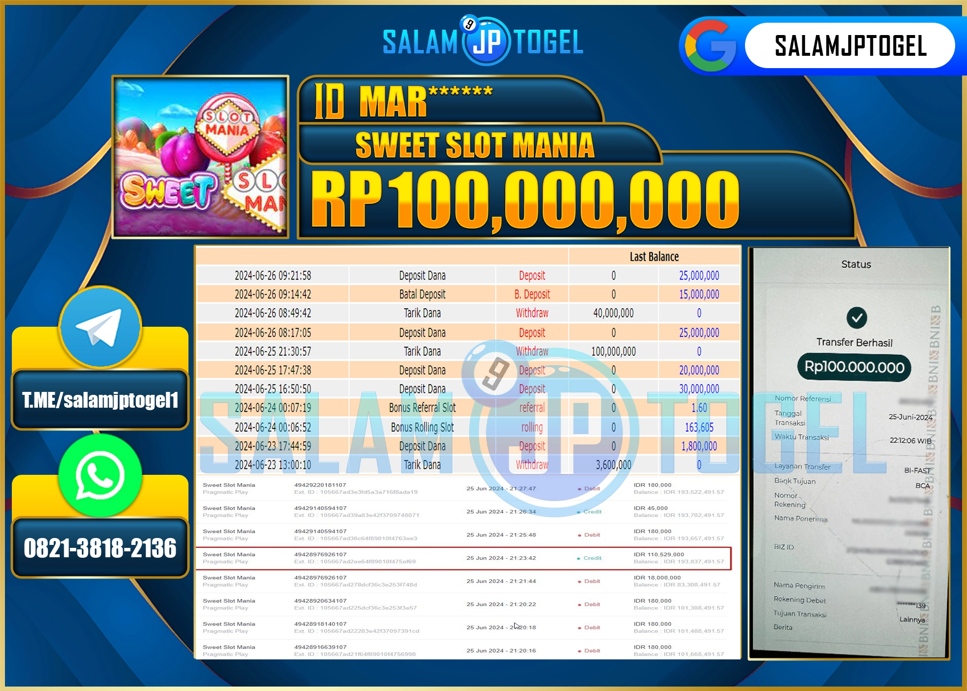 SALAMJPTOGEL MENANG SWEET SLOT MANIA RP. 100,000,000.,LUNAS