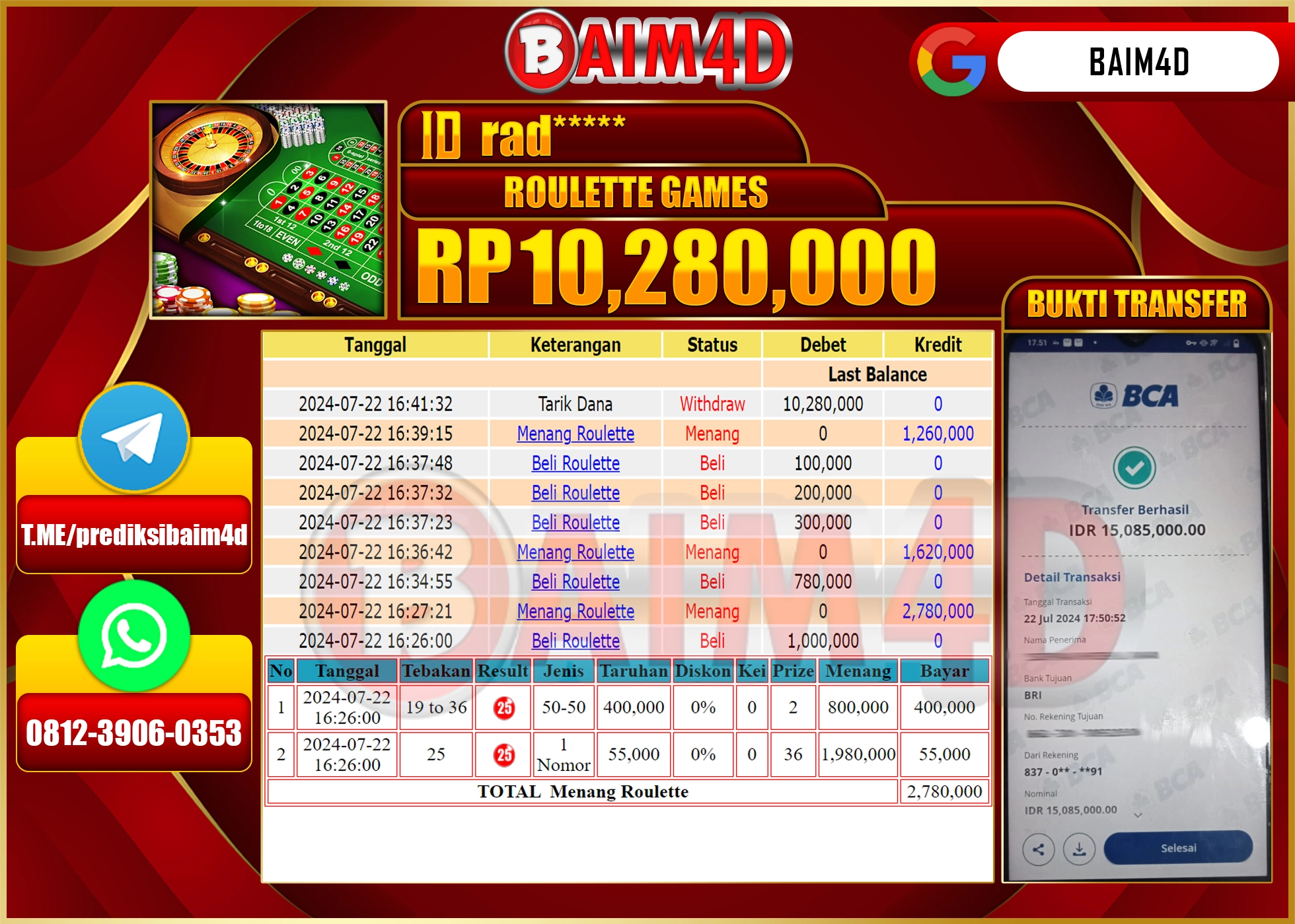 BAIM4D JACKPOT  LIVE GAME ROULETTE Rp.10.280,000.- LUNAS