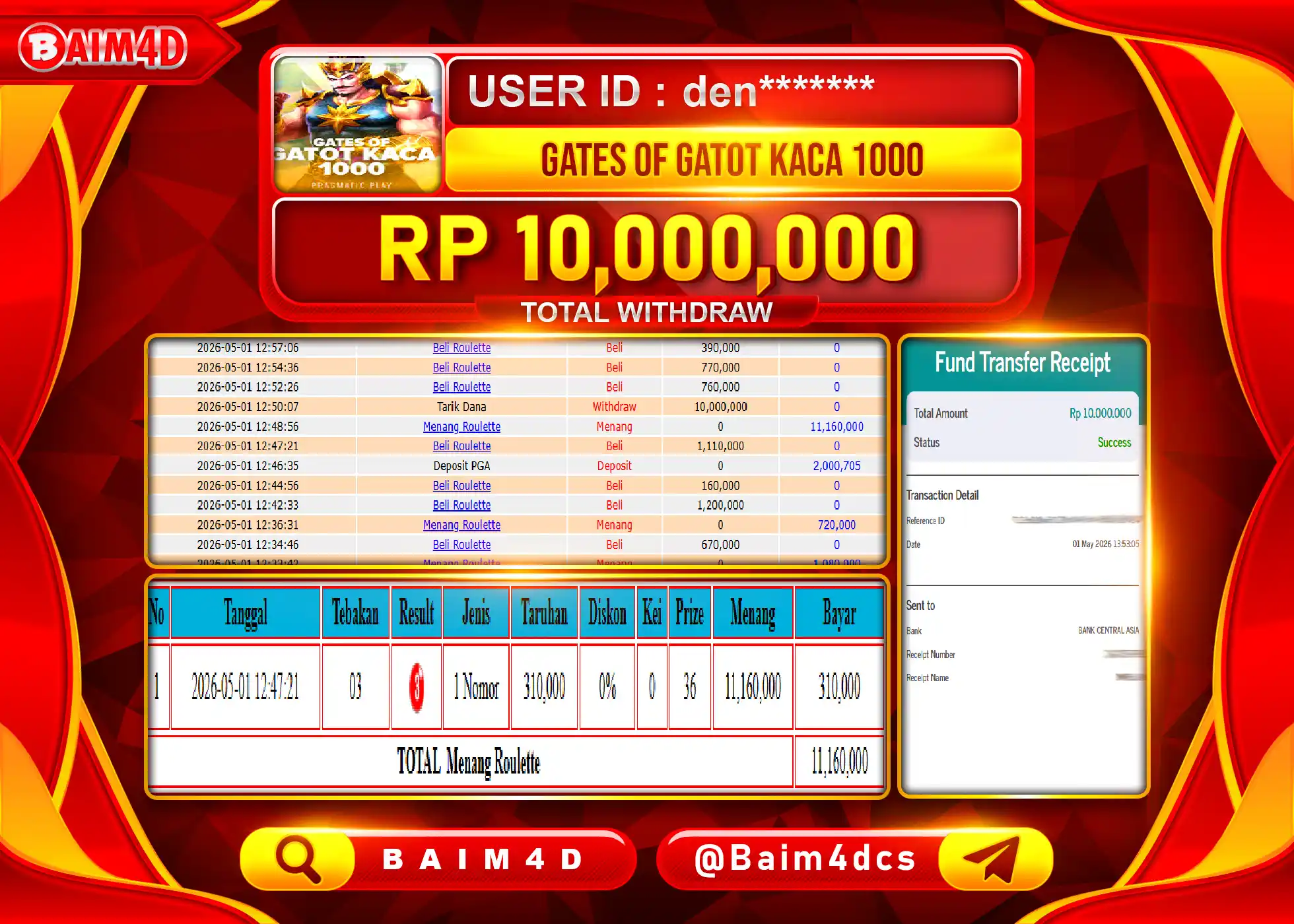 BAIM4D JACKPOT GATES OF GATOT KACA 1000 Rp.10,000,000 - LUNAS