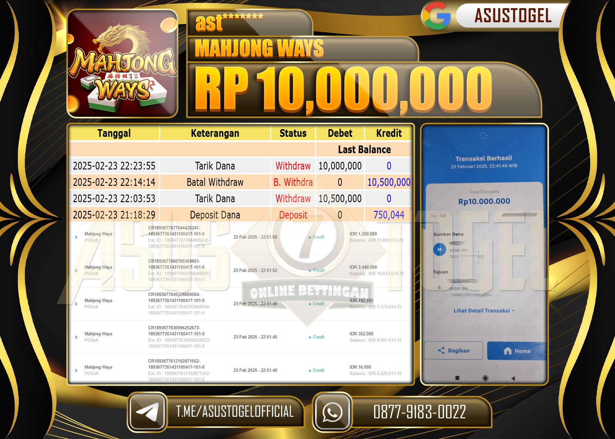 ASUSTOGEL KEMENANGAN DI SLOT MAHJONG WAYS SEBESAR 10.000.000- RUPIAH LUNAS
