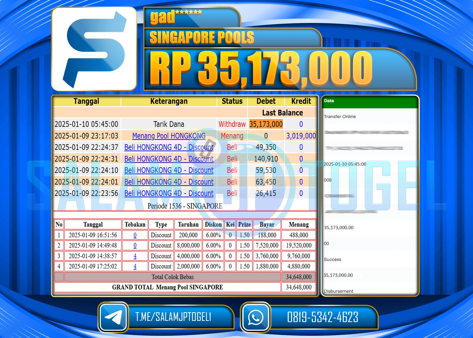 SALAMJPTOGEL MENANG TOGEL SINGAPORE POOLS Rp.35,173,000 LUNAS
