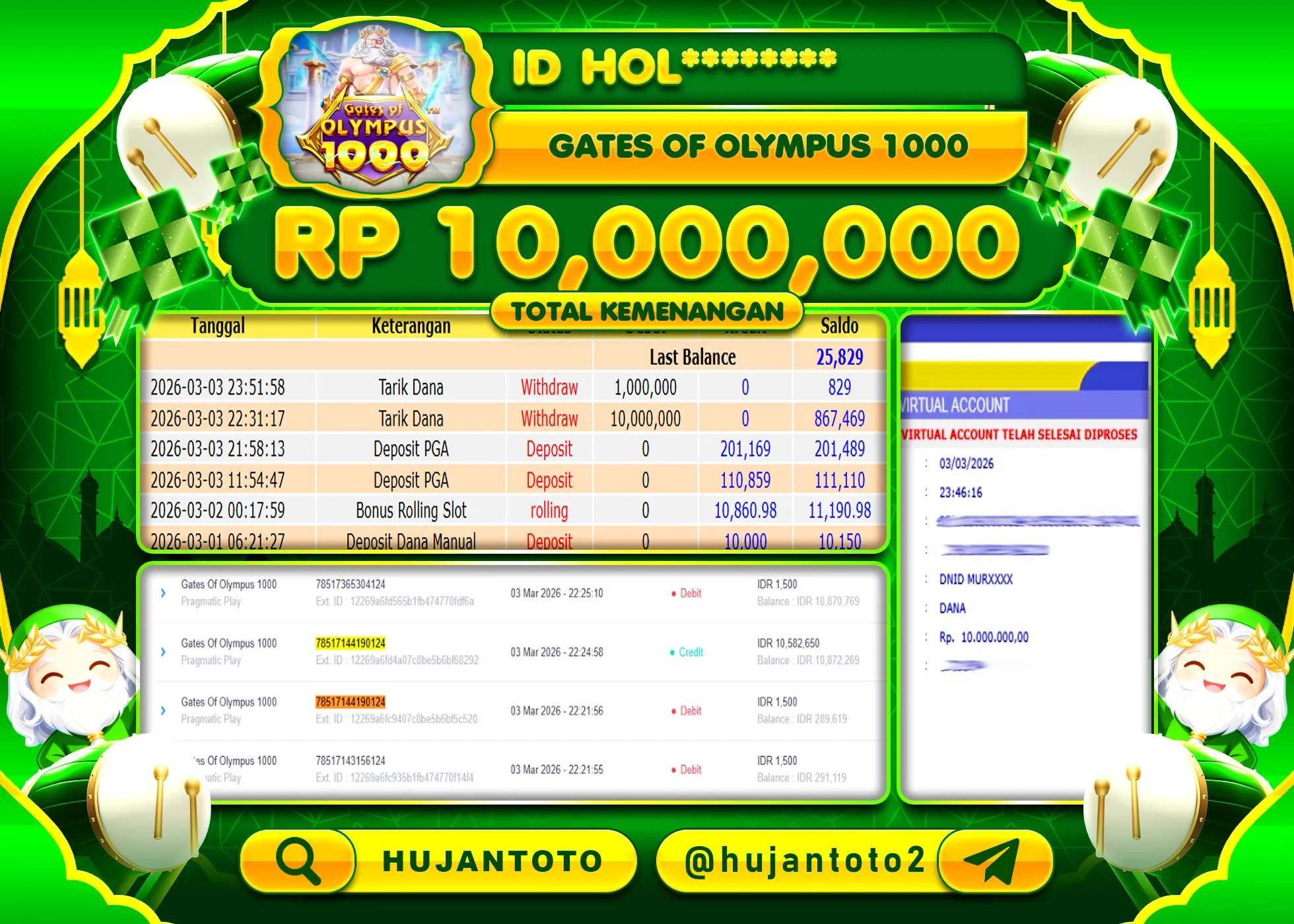 HUJANTOTO - BUKTI JACKPOT MENANG SLOT GATES OF OLYMPUS 1000 Rp.10,000,000 - TERBAYAR LUNAS