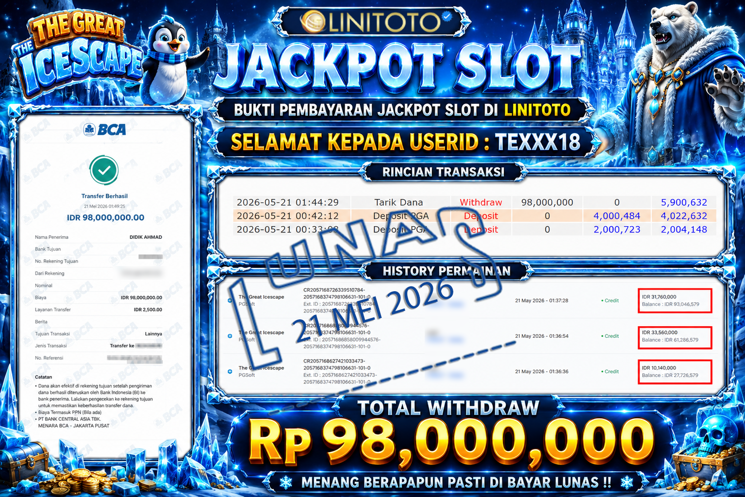 LINITOTO JACKPOT SLOT The Great Icescape Rp.98,000,000 - LUNAS
