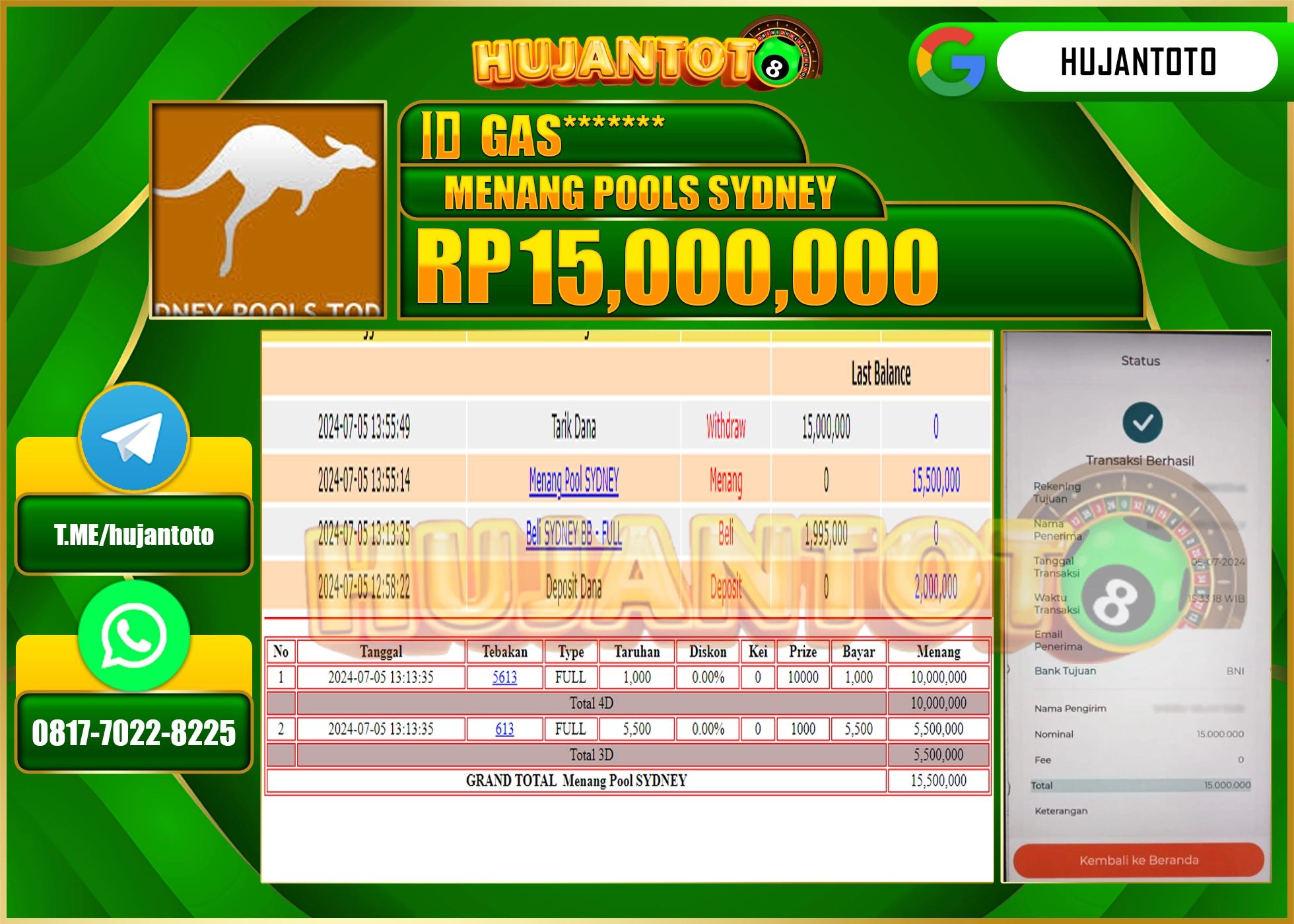 HUJANTOTO MENANG TOGEL POOLS SYDNEY 15.000.000 - LUNAS 