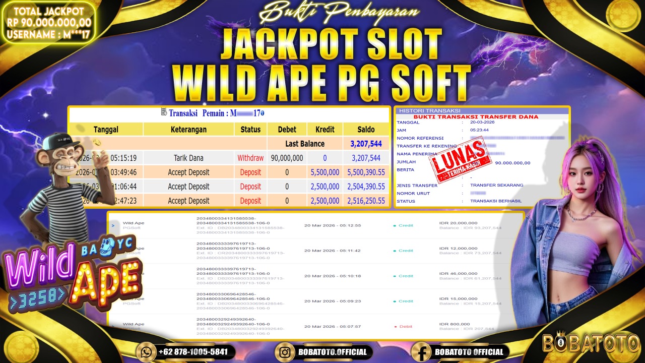 BOBATOTO JACKPOT SLOT WILD APE PG SOFT Rp.90,000,000,- LUNAS!!