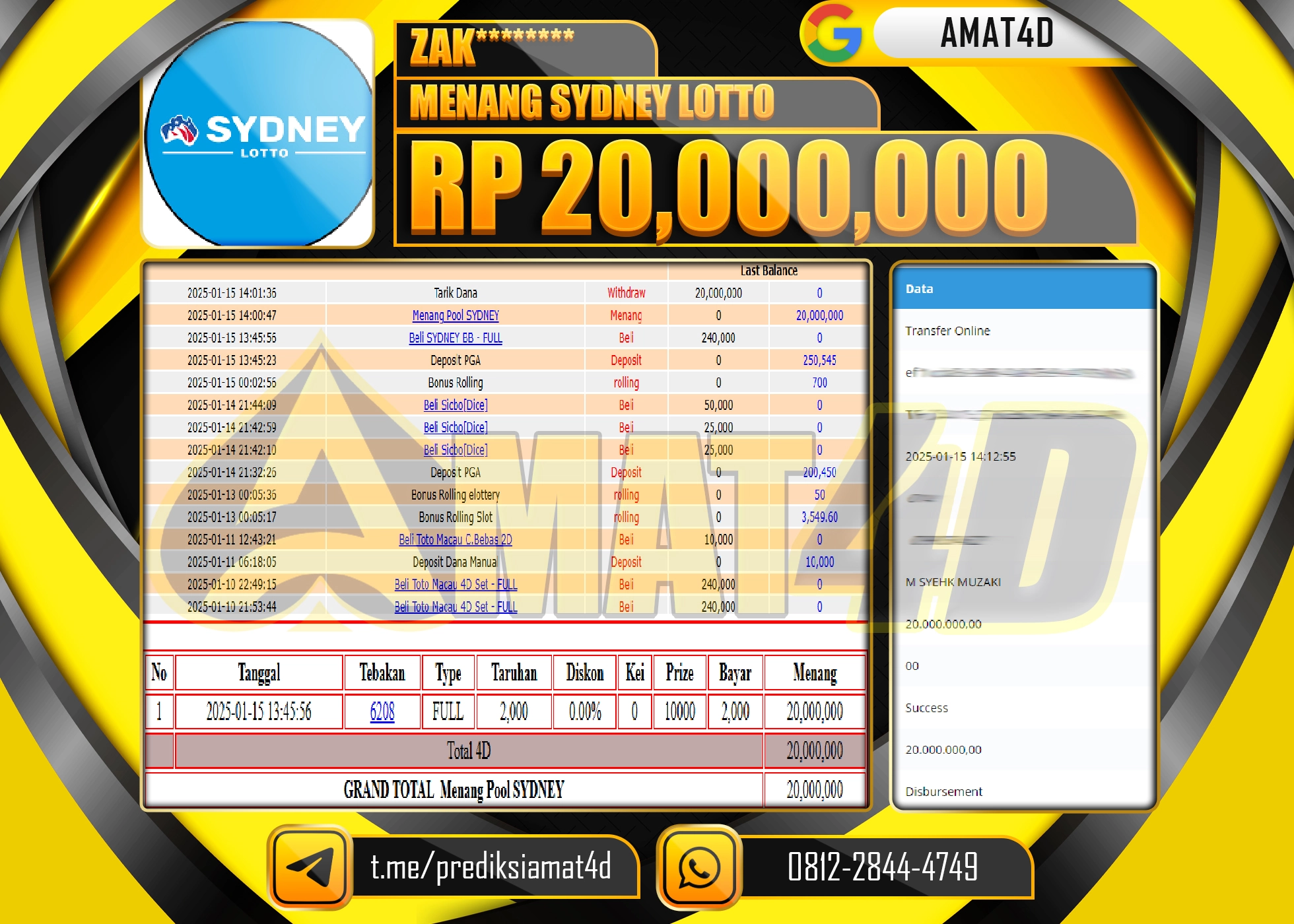 AMAT4D KEMENANGAN PASARAN SYDNEY LOTTO Rp.20.000.000 BERHASIL TERBAYAR LUNAS