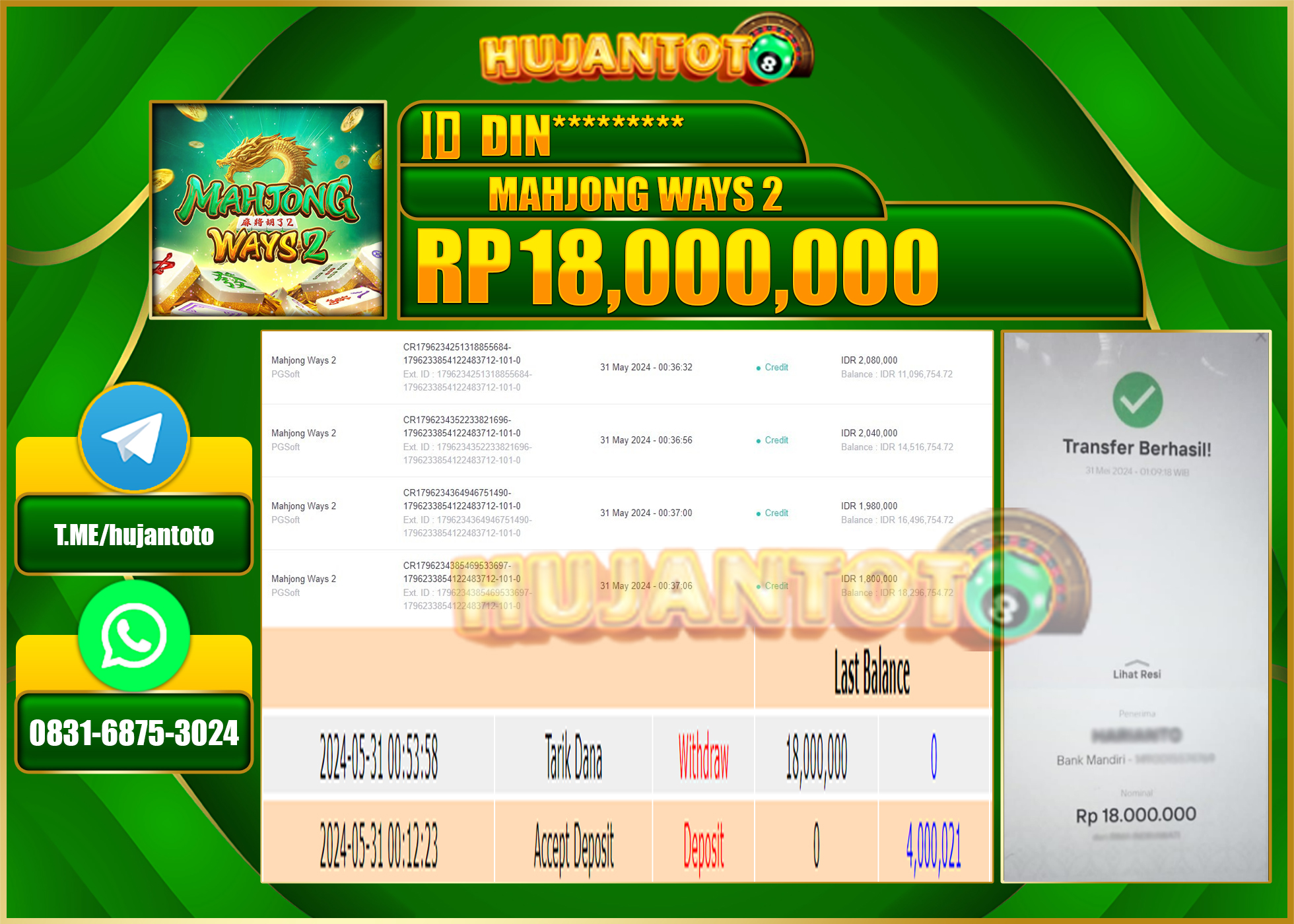 HUJANTOTO MENANG SLOT MAHJONG WAYS 2  18,000,000 - LUNAS