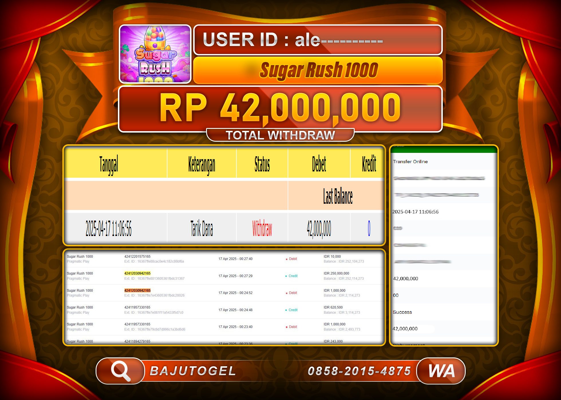 BAJUTOGEL KEMENANGAN SUGAR RUSH 1000 Rp.42.000.000 LUNAS
