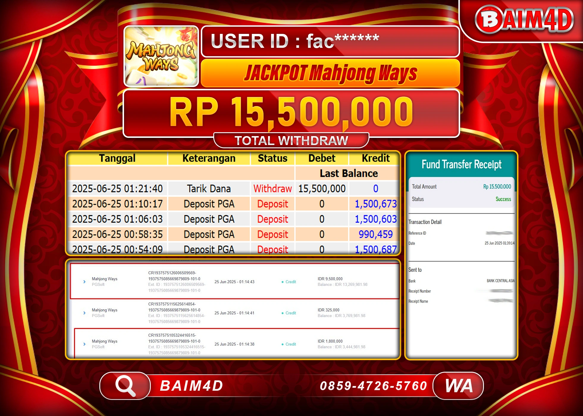 BAIM4D JACKPOT SLOT MAHJONG WAYS PG SOFT Rp.15,500,000.- LUNAS