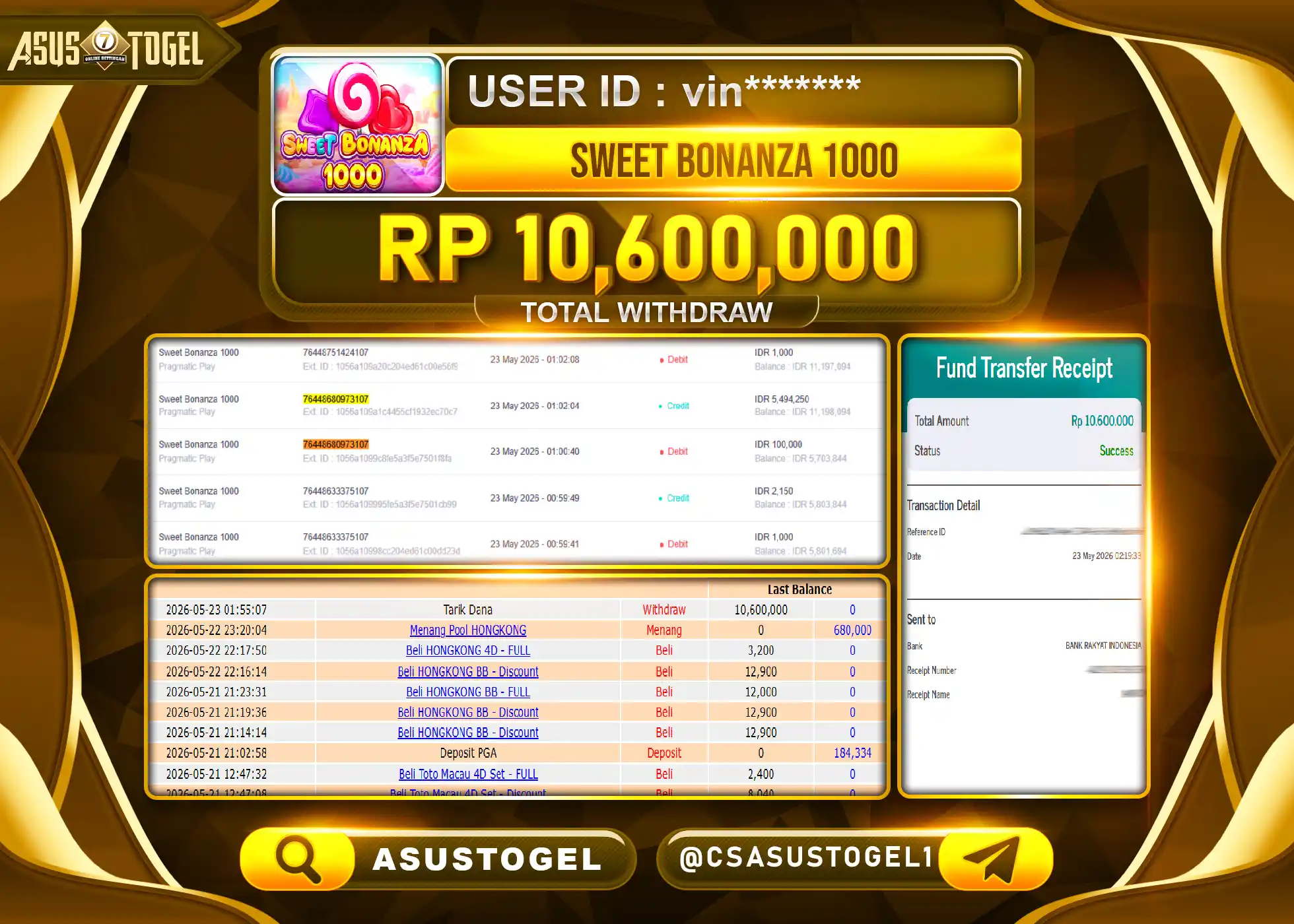 ASUSTOGEL KEMENANGAN JACKPOT DI PERMAINAN SLOT SWEET BONANZA SEBESAR Rp.10,600,000 - RUPIAH LUNAS