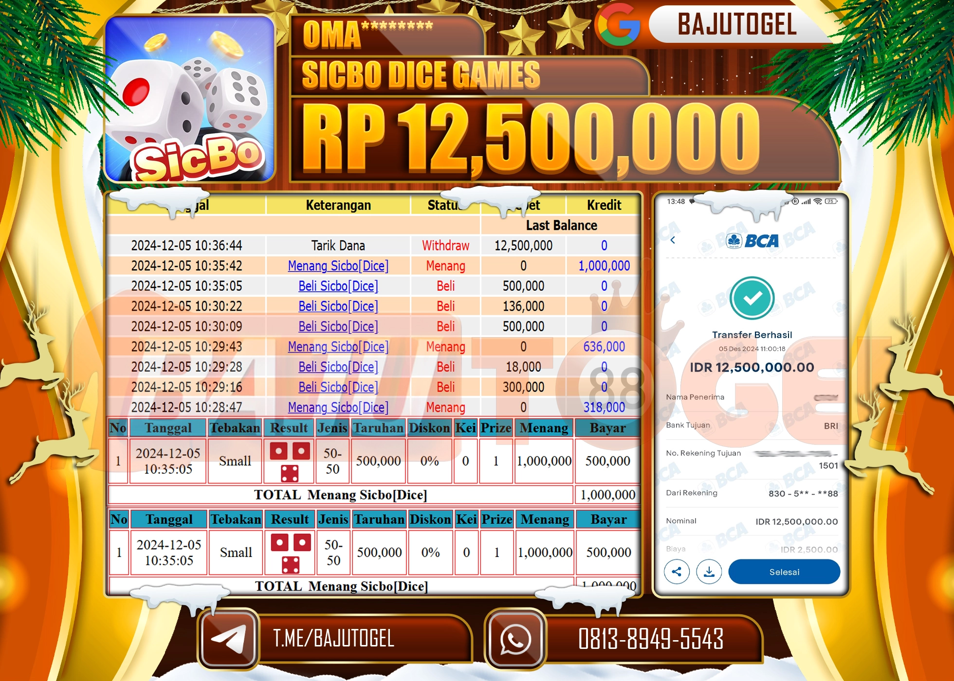 BAJUTOGEL JACKPOT SICBO DICE GAMES Rp.12.500.000 LUNAS