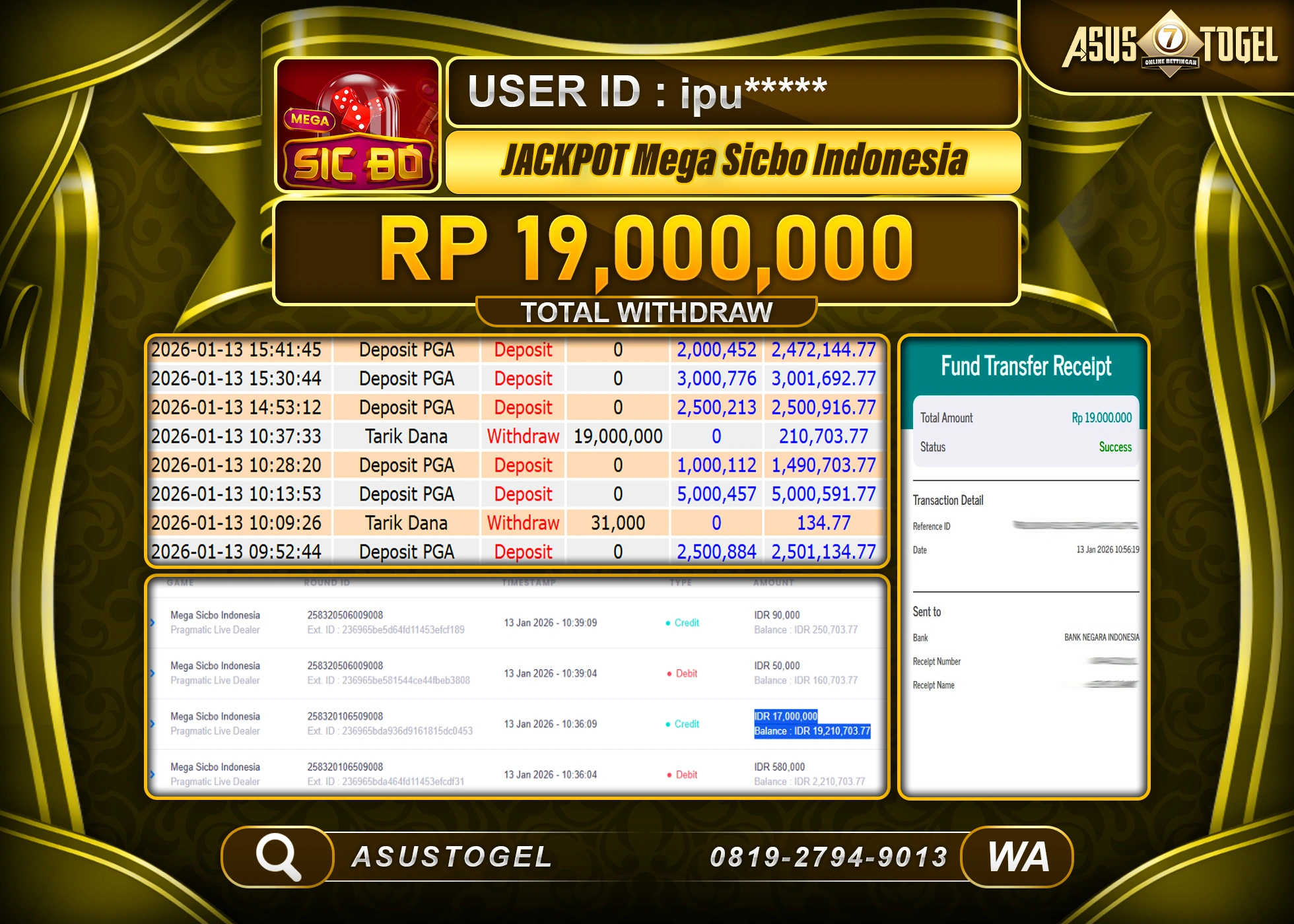 ASUSTOGEL KEMENANGAN DI LIVE GAMES MEGA SICBO INDONESIA SEBESAR 19,000,000 - RUPIAH LUNAS