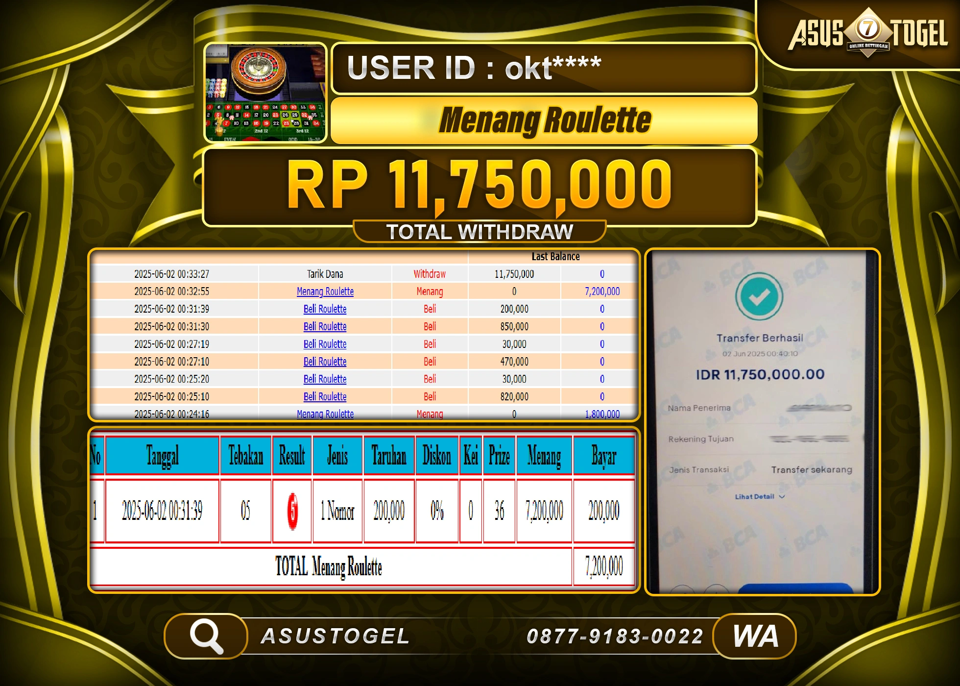  ASUSTOGEL KEMENANGAN DI LIVE GAMES ROULETTE SEBESAR 11,750,000- RUPIAH LUNAS