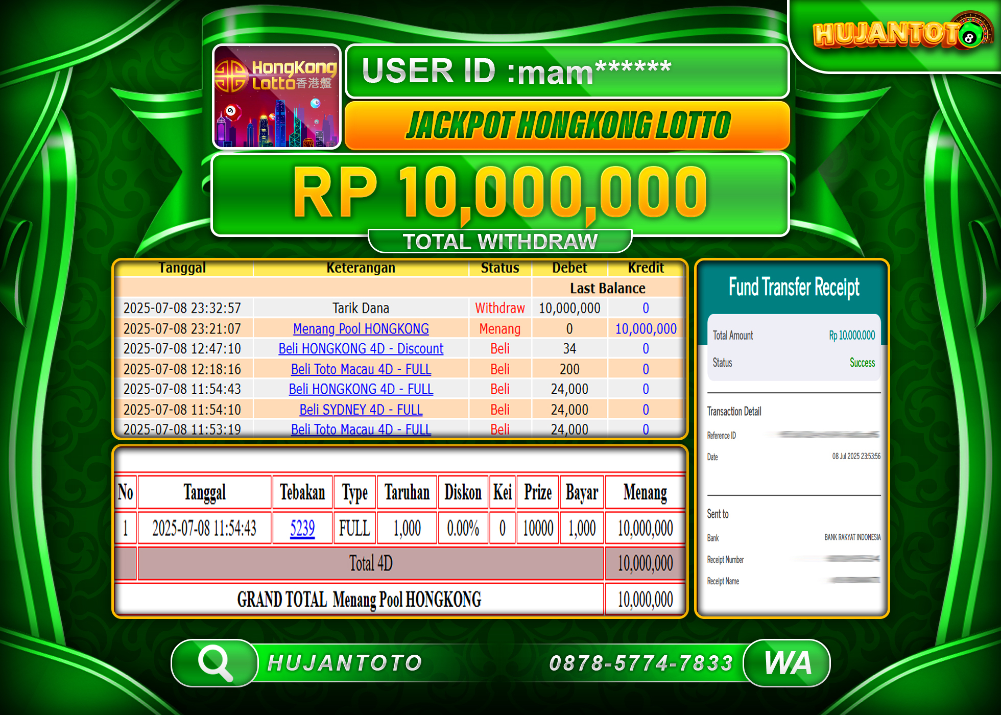 HUJANTOTO - BUKTI JACKPOT MENANG TOGEL HONGKONG LOTTO Rp.10,000,000 - TERBAYAR LUNAS