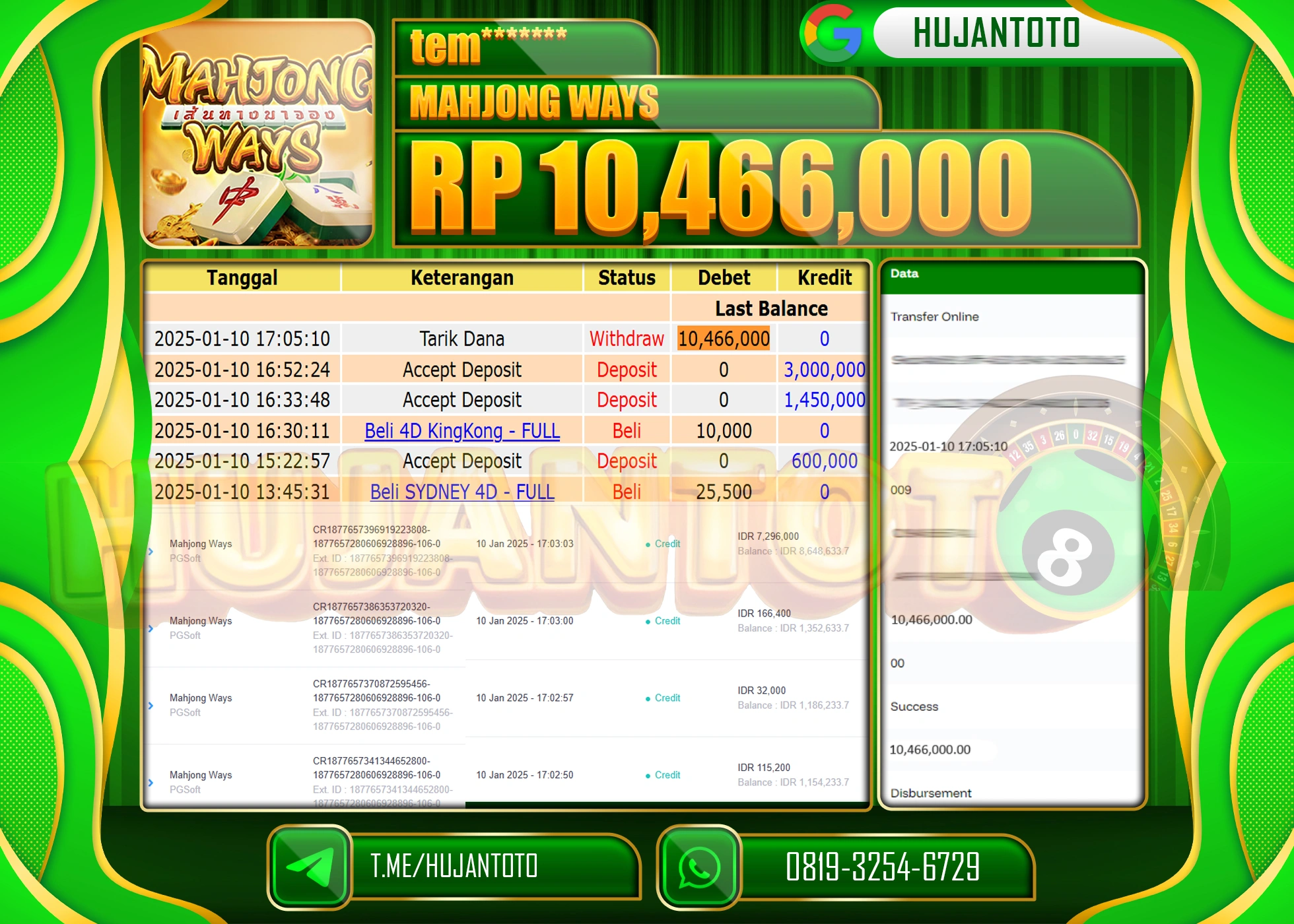 HUJANTOTO - BUKTI JACKPOT DI PERMAINAN SLOT SWEET MAHJONG WAYS Rp. 10,466,000,- TERBAYAR LUNAS