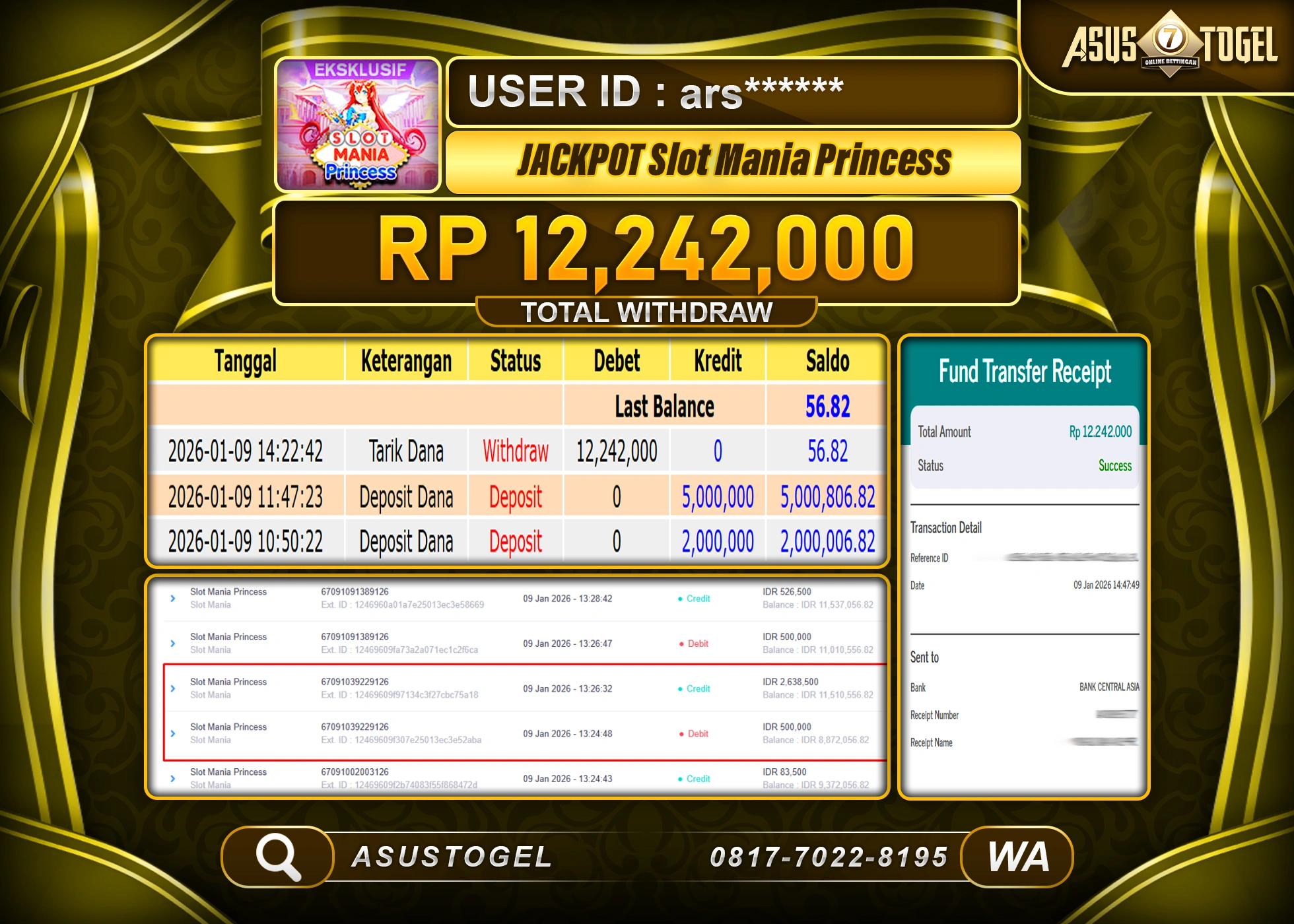 ASUSTOGEL KEMENANGAN DI SLOT MANIA PRINCESS SEBESAR 12,242,000 - RUPIAH LUNAS