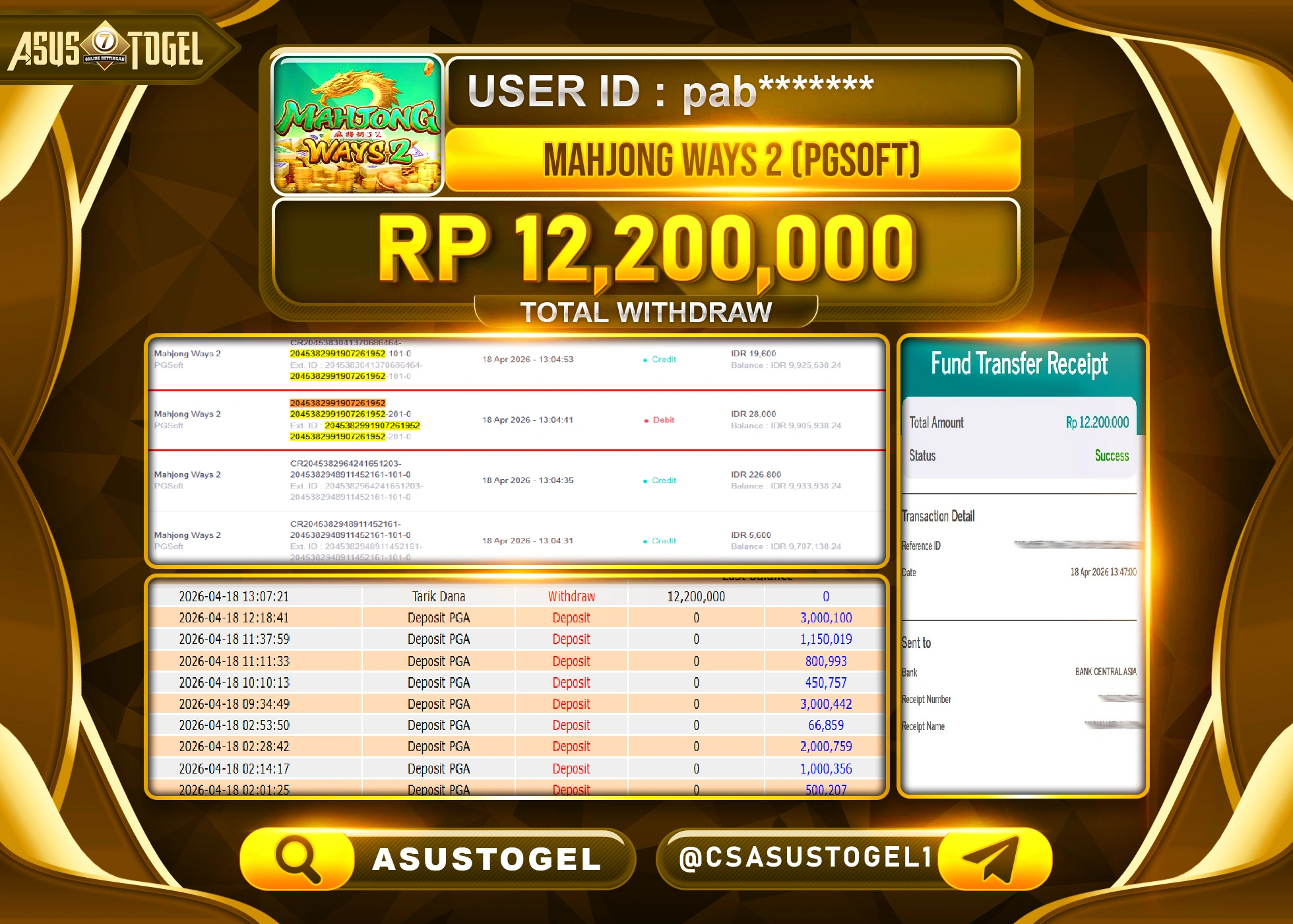 ASUSTOGEL KEMENANGAN JACKPOT DI PERMAINAN MAHJONG WAYS 2 PGSOFT SEBESAR Rp.12,200,000 - RUPIAH LUNAS