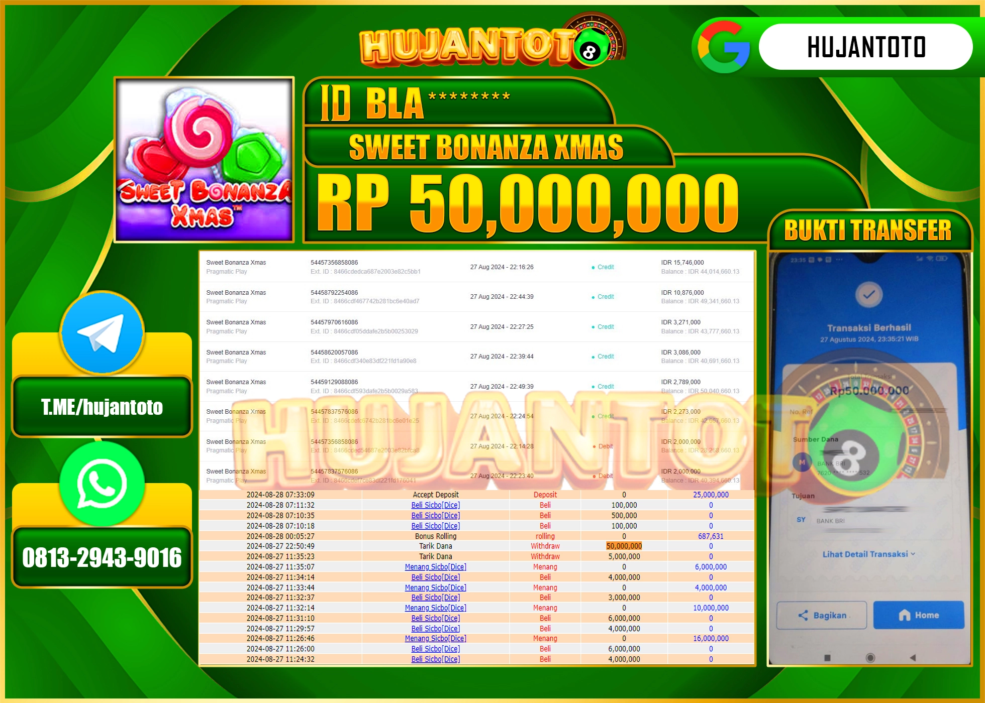 HUJANTOTO MENANG BESAR DI PERMAINAN SLOT SWEET BONANZA XMAS 50.000.000 - LUNAS 
