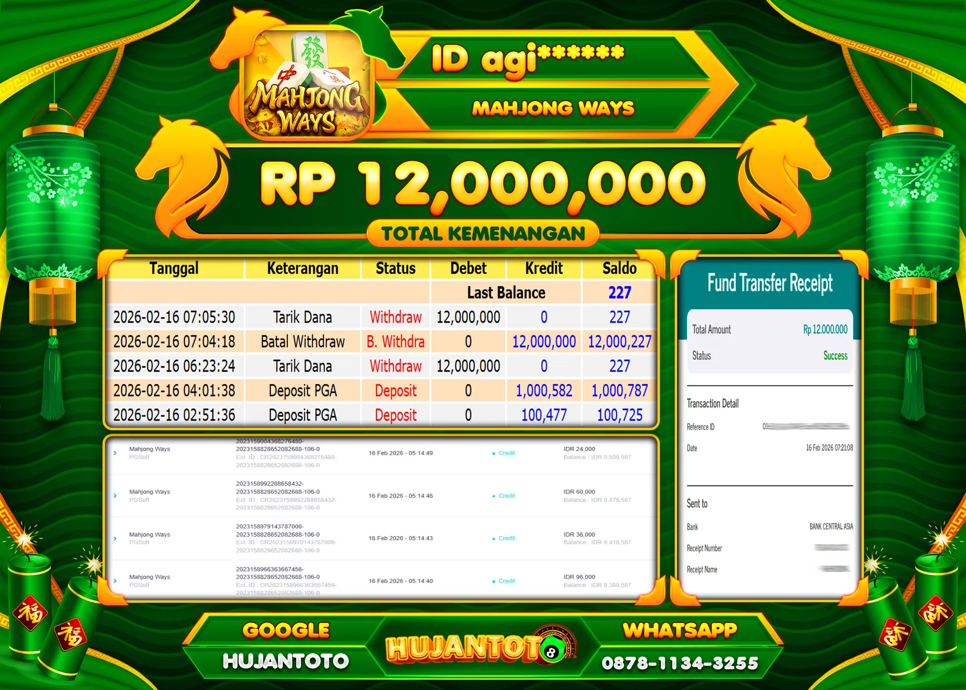 HUJANTOTO - BUKTI JACKPOT MENANG SLOT MAHJONG WAYS Rp.12,000,000 - TERBAYAR LUNAS