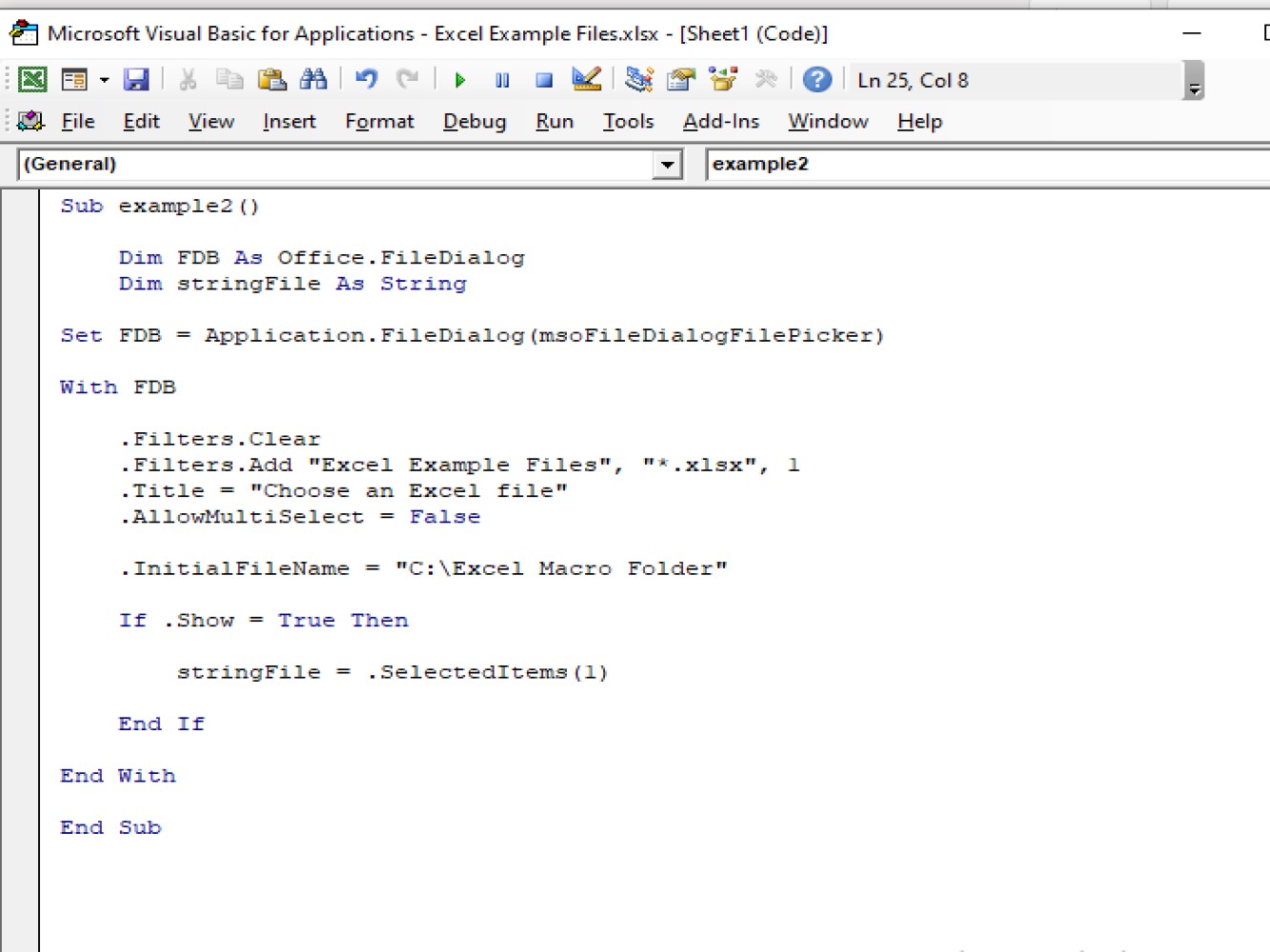 Screenshot of the code on how to open a dialog box single file