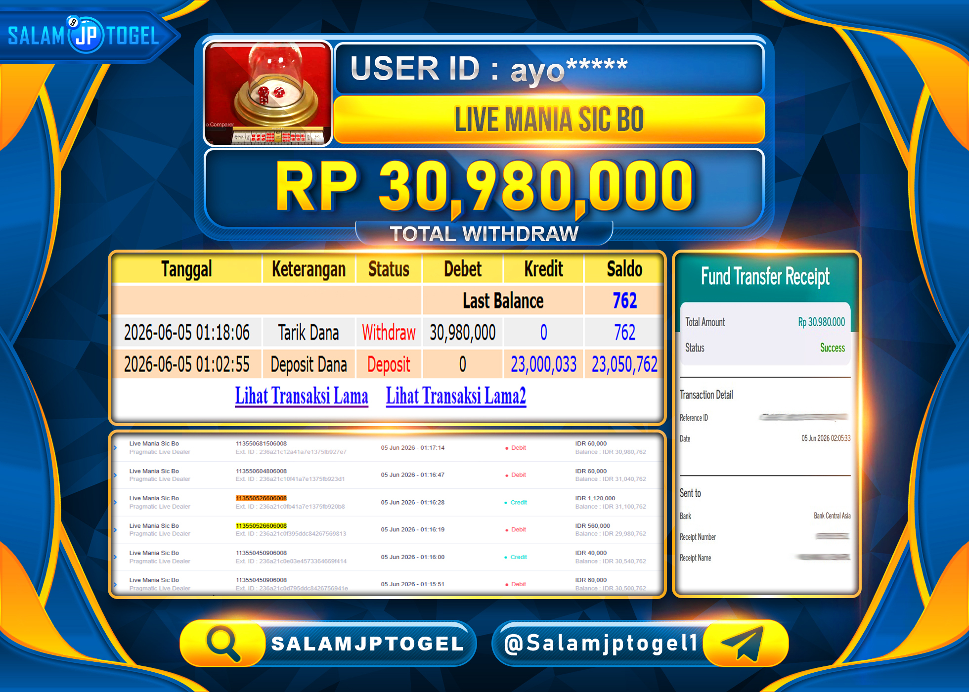 SALAMJPTOGEL JACKPOT MENANG LIVE GAME MANIA SIC BO Rp.30,980,000 - LUNAS