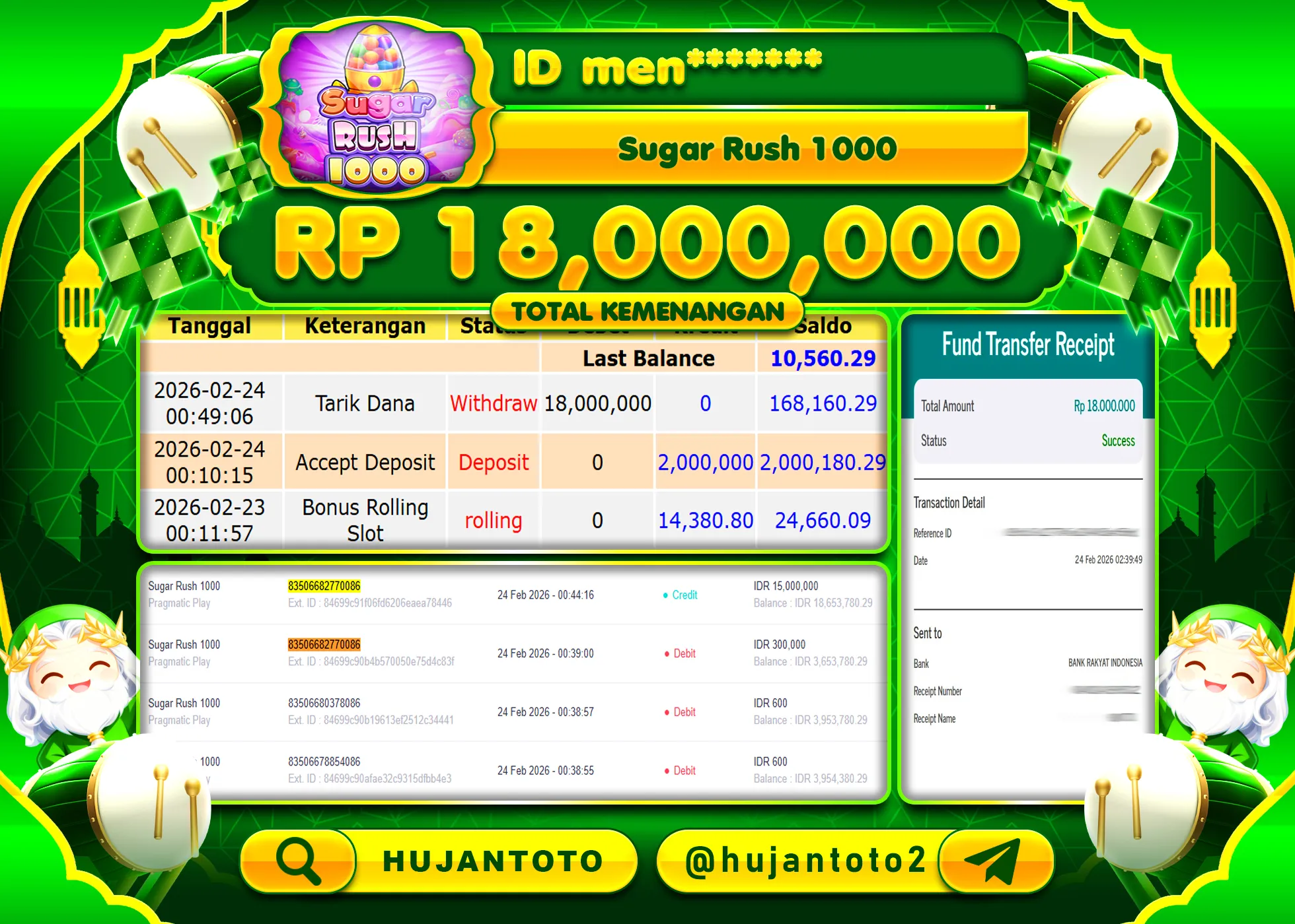 HUJANTOTO - BUKTI JACKPOT MENANG SLOT SUGAR RUSH 1000 Rp.18,000,000 - TERBAYAR LUNAS