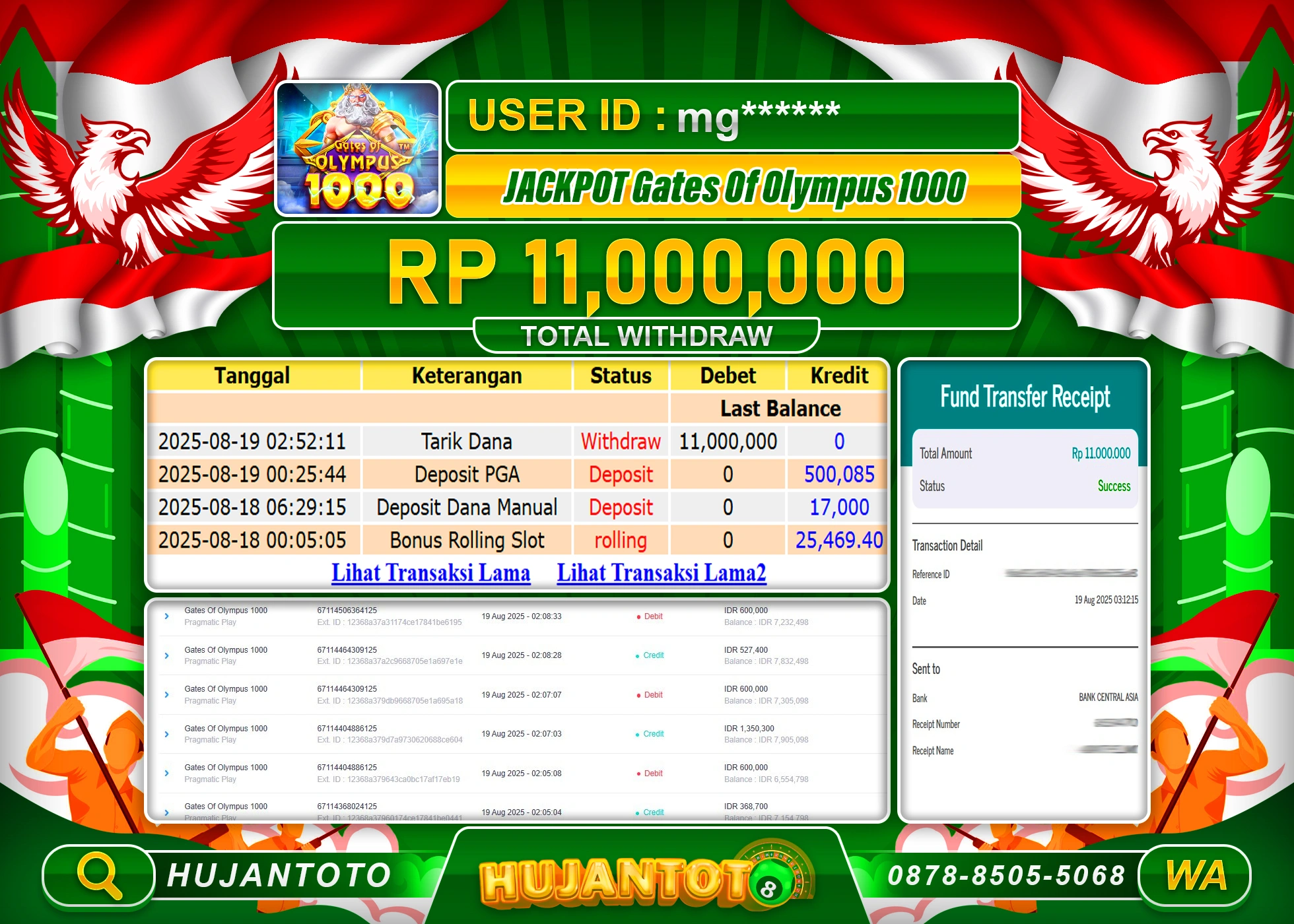 HUJANTOTO - BUKTI JACKPOT MENANG SLOT GATES OF OLYMPUS 1000 Rp.11,000,000 - TERBAYAR LUNAS