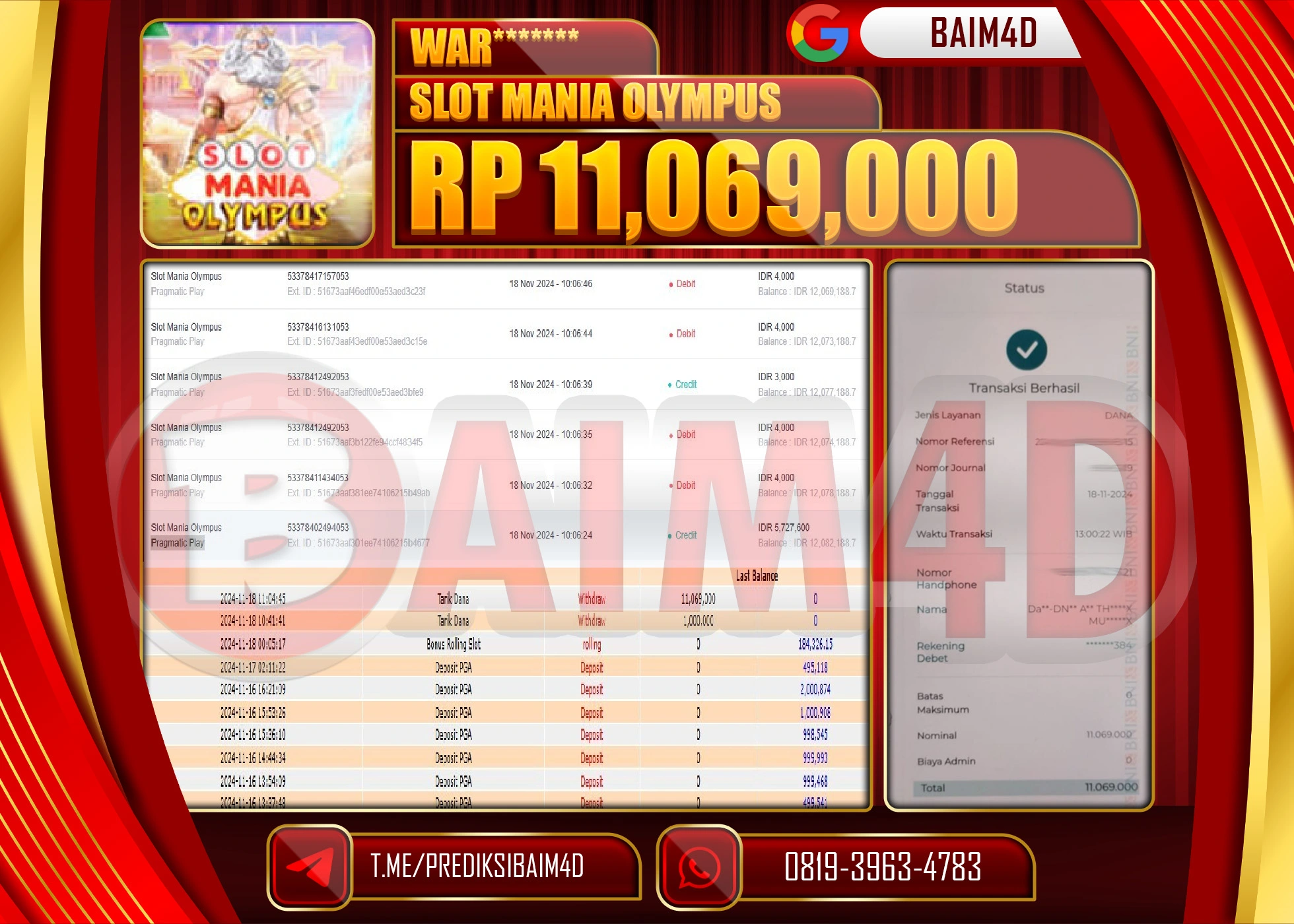 BAIM4D JACKPOT SLOT MANIA OLYMPUS Rp.11.069,000.- LUNAS