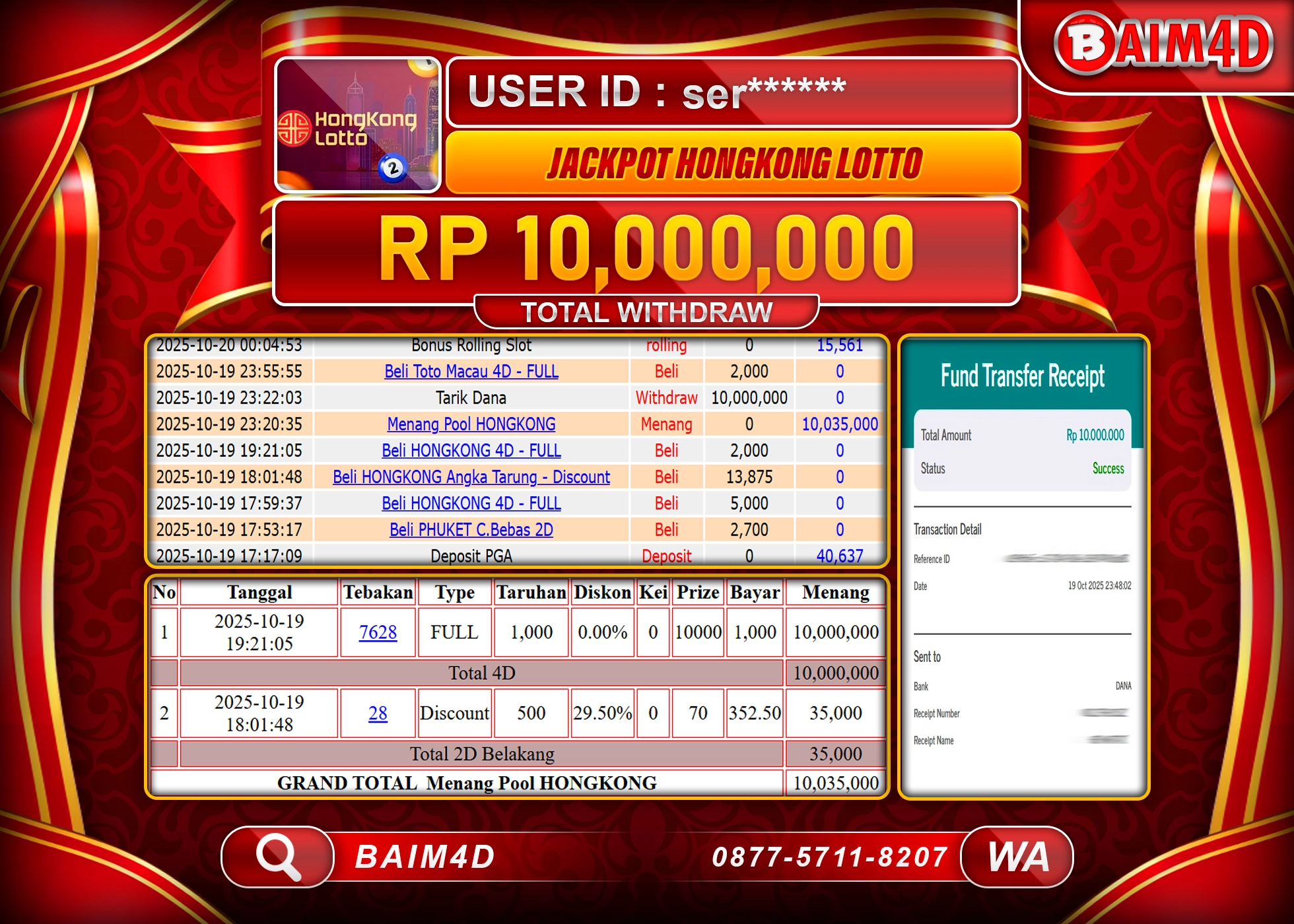 BAIM4D JACKPOT TOGEL HONGKONG LOTTO GAMES Rp.10,000,000.- LUNAS