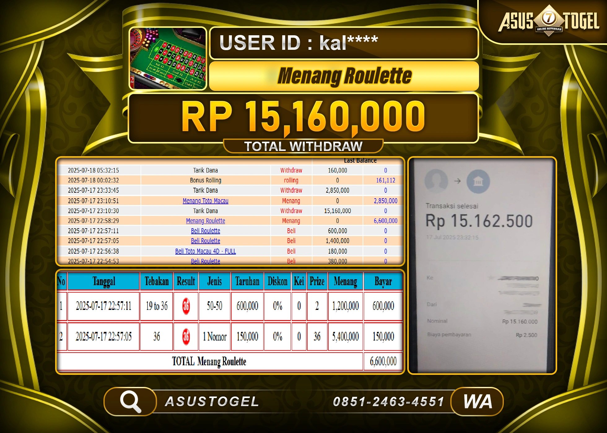 ASUSTOGEL KEMENANGAN DI LIVEGAMES ROULETTE GAMES SEBESAR 15,160,000- RUPIAH LUNAS