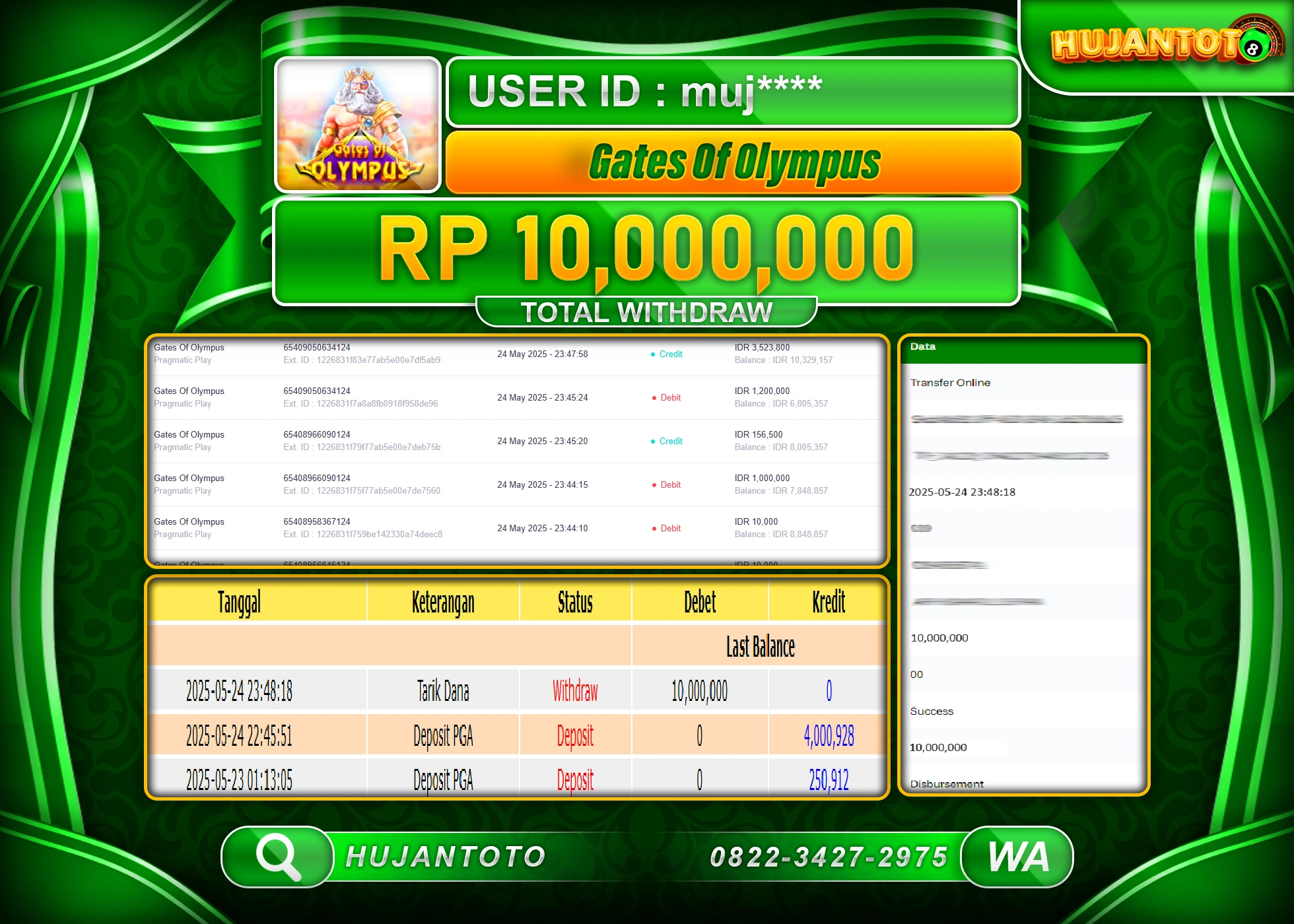 HUJANTOTO - BUKTI JACKPOT MENANG SLOT GATES OF OLYMPUS Rp.10,000,000 - TERBAYAR LUNAS