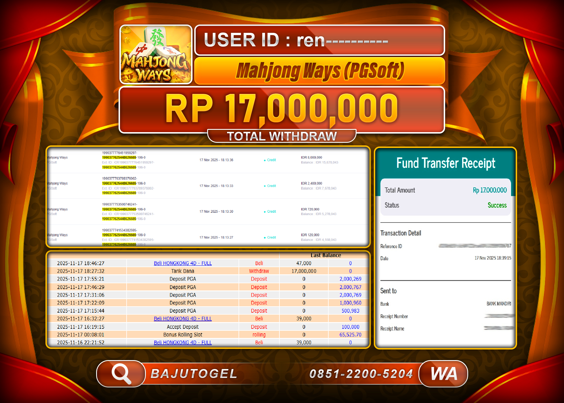 BAJUTOGEL KEMENANGAN MAHJONG WAYS PGSOFT Rp.17,000,000 LUNAS