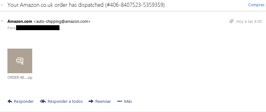 Mensaje falso de Amazon con adjunto: destripe de un malware &quot;simple&quot;