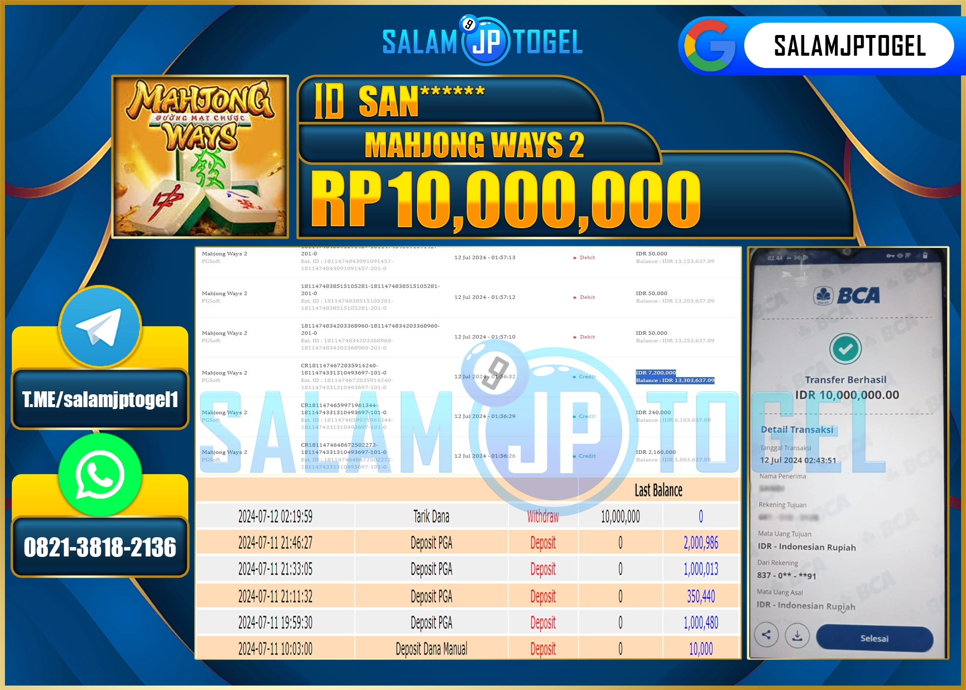 SALAMJPTOGEL MENANG Mahjong Ways 2 RP. 10,000,000.,LUNAS