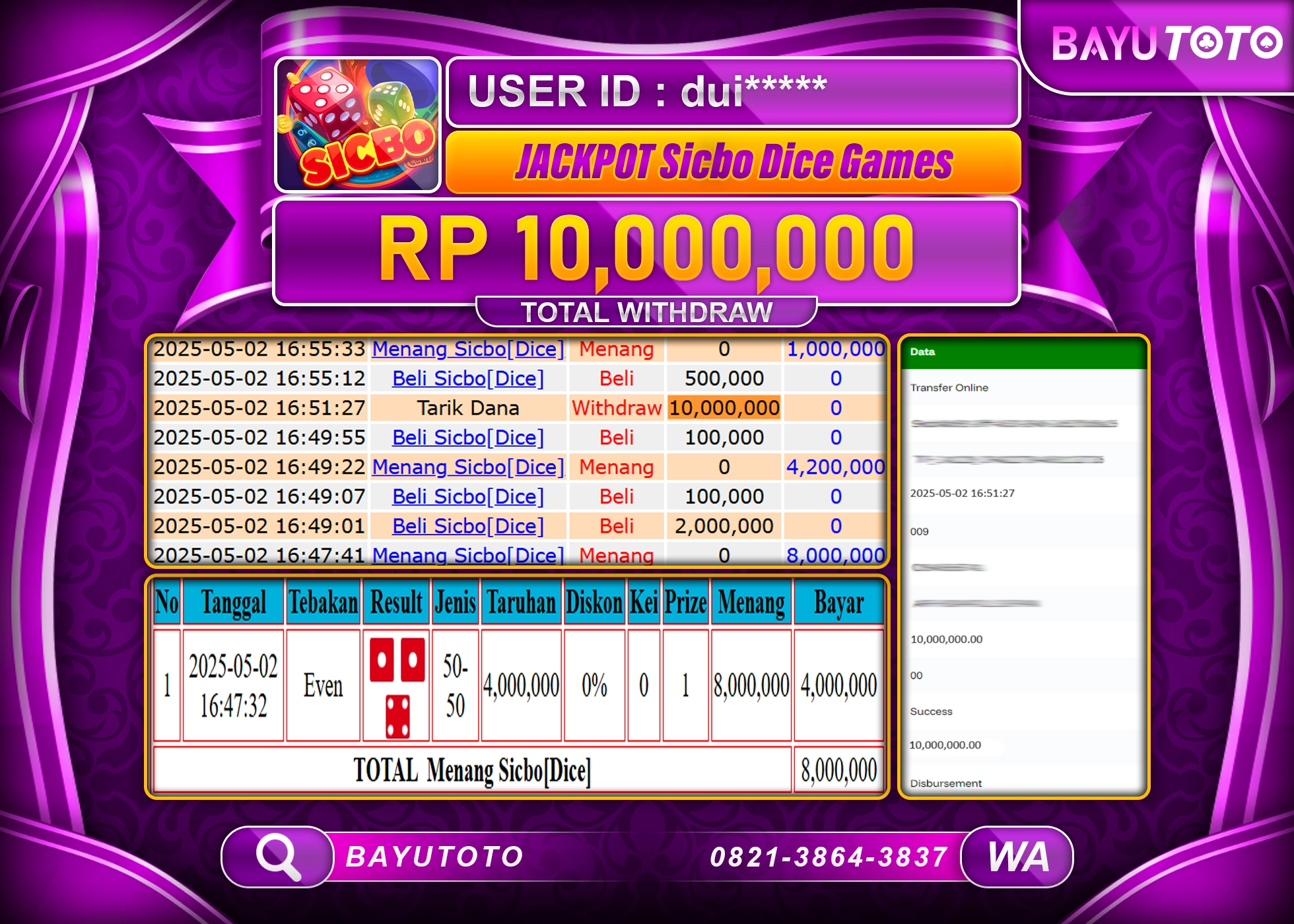 BAYUTOTO JACKPOT LIVE GAMES SICBO  DICE Rp.10,000,000 LUNAS