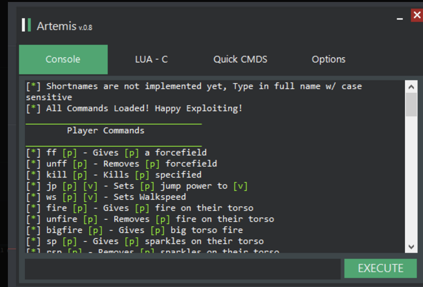 Artemis Beta 0 8 Free Lua C 90 Cmds External Ui Jailbreak