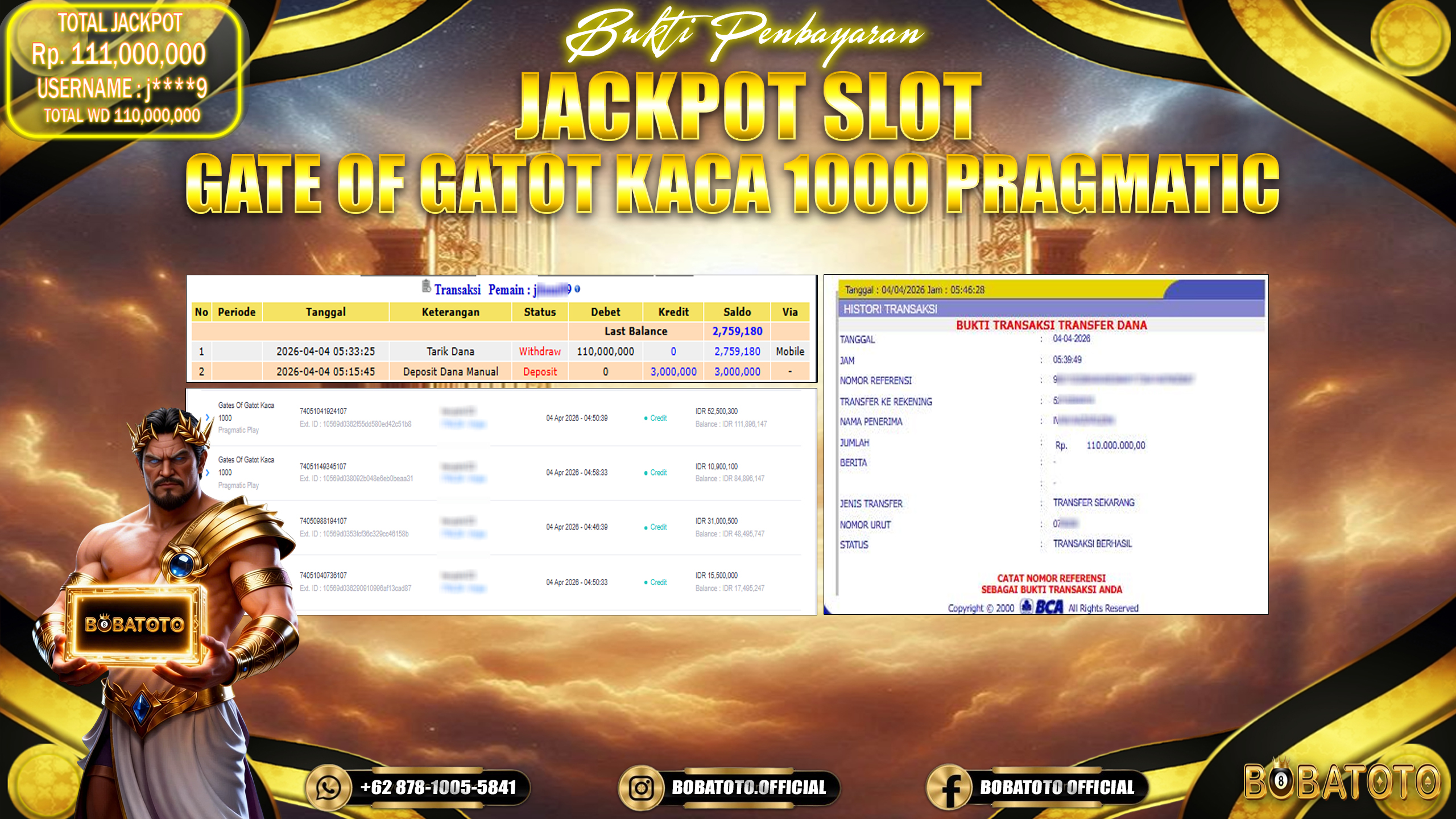 BOBATOTO JACKPOT SLOT PRAGMATIC GATES OF GATOTKACA  Rp.111,000,000,- LUNAS!!