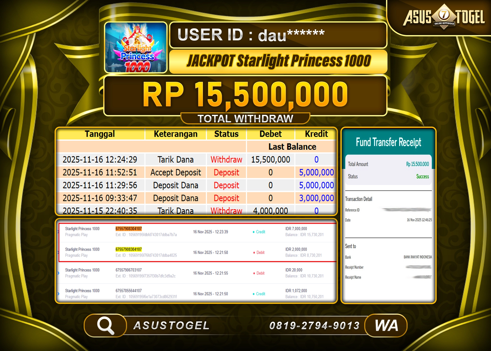 ASUSTOGEL KEMENANGAN DI SLOT STARLIGHT PRINCESS 1000 SEBESAR 15,500,000 - RUPIAH LUNAS