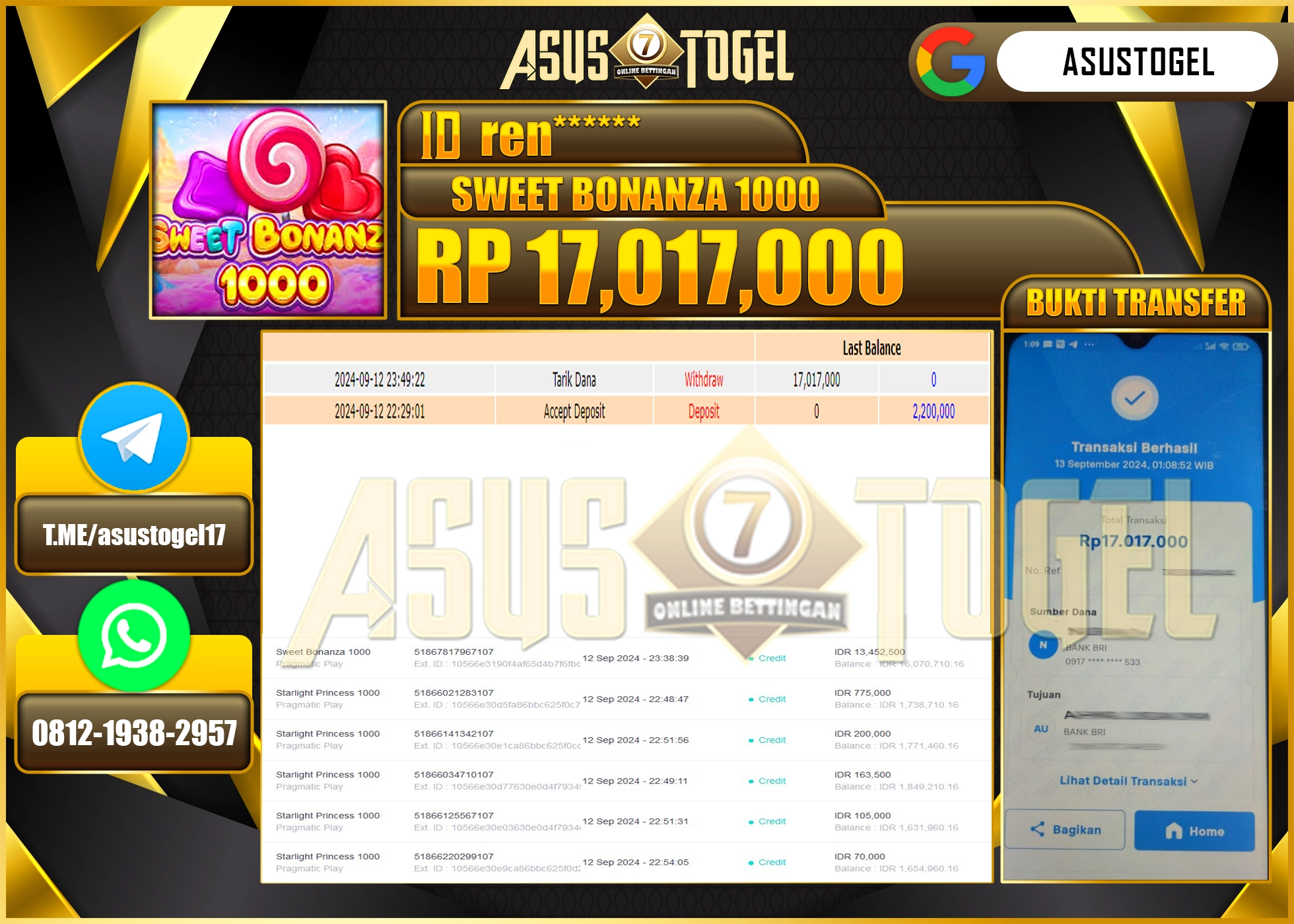 ASUSTOGEL KEMENANGAN DI  GAMES  SWEET BONANZA 1000 17,017,000- RUPIAH LUNAS