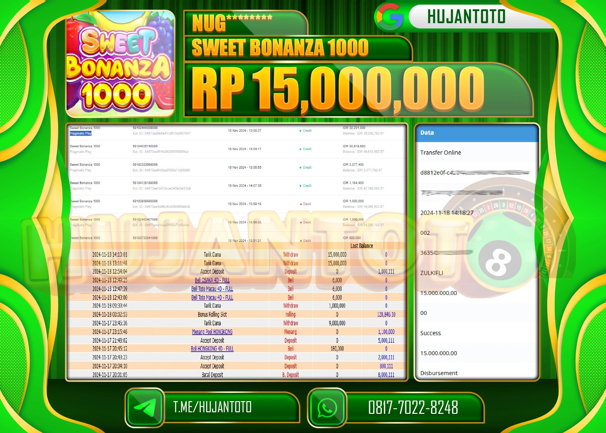 HUJANTOTO MENANG DI RAIH DI  SLOT SWEET BONANZA 1000 SEBESAR - 15,000,000 - LUNAS