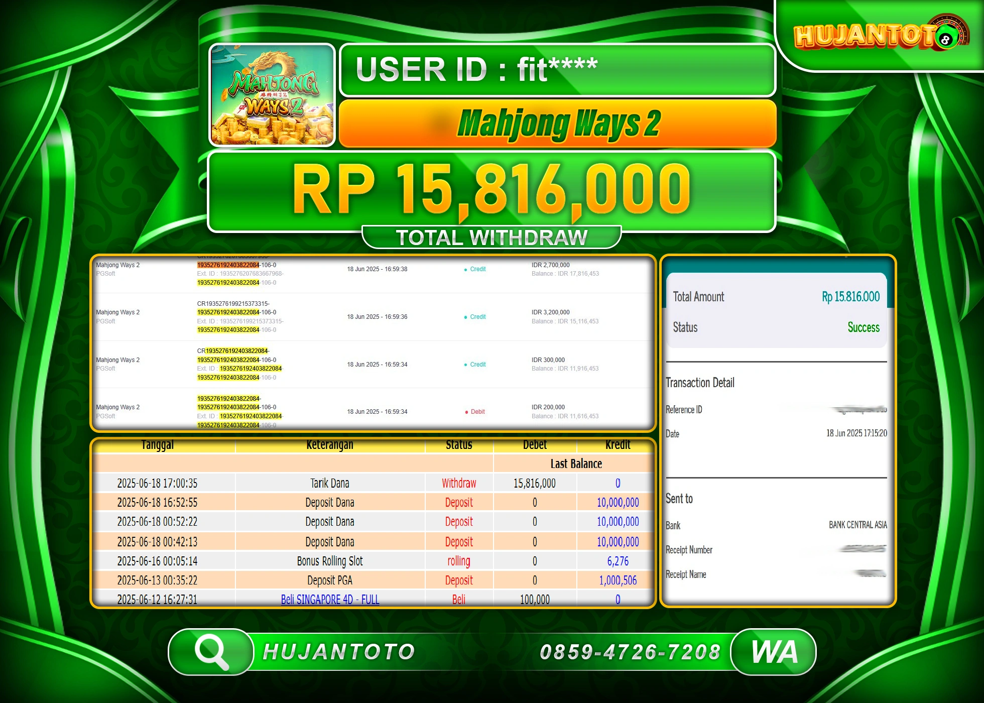 HUJANTOTO - BUKTI  JACKPOT MENANG SLOT MAHJONG WAYS 2 Rp.15,816,000 - TERBAYAR LUNAS