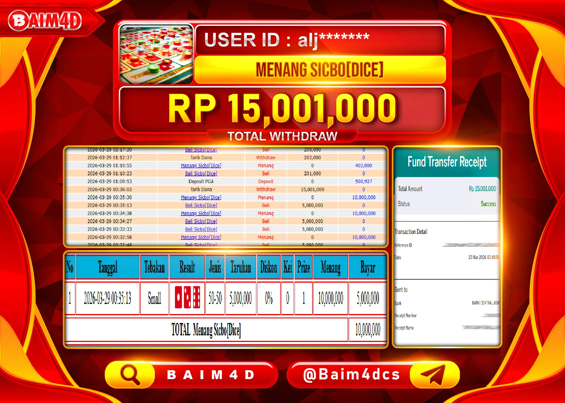BAIM4D JACKPOT LIVEGAMES SICBO(DICE) Rp.15,000,001 - LUNAS