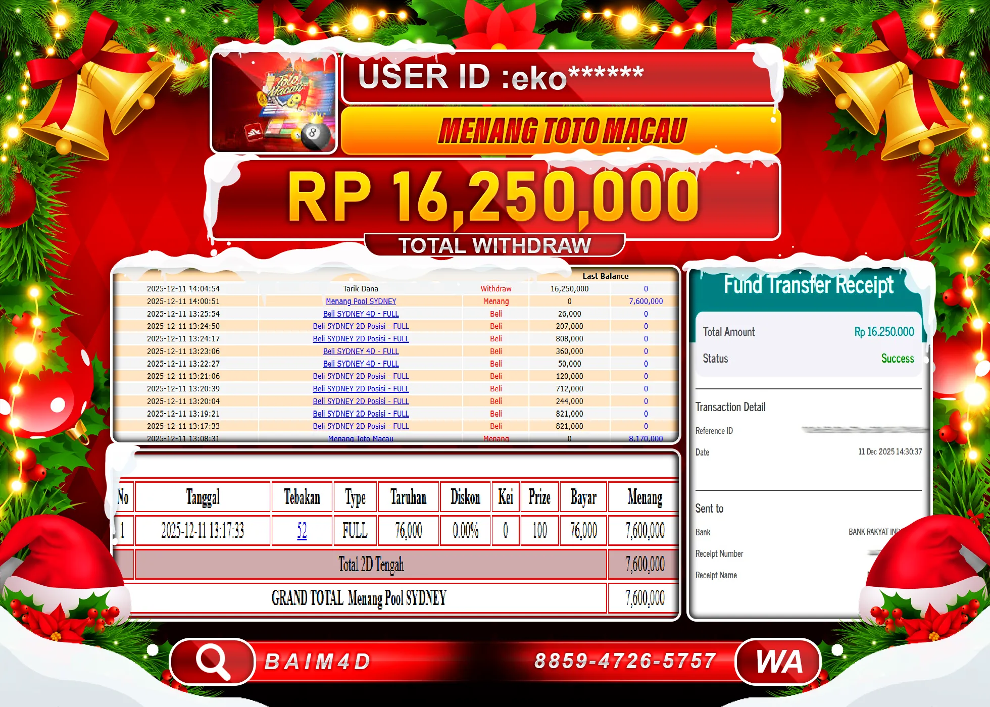 BAIM4D JACKPOT  TOGEL TOTO MACAU 4D Rp.16,250,000 - LUNAS