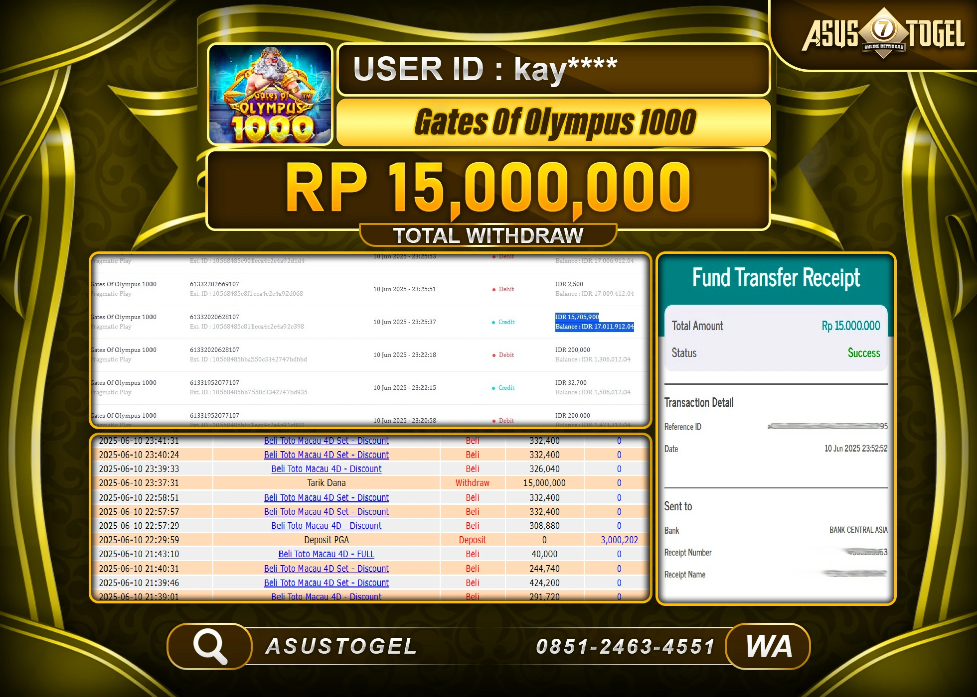ASUSTOGEL KEMENANGAN DI SLOT GATES OF OLYMPUS 1000 SEBESAR 15,000,000- RUPIAH LUNAS