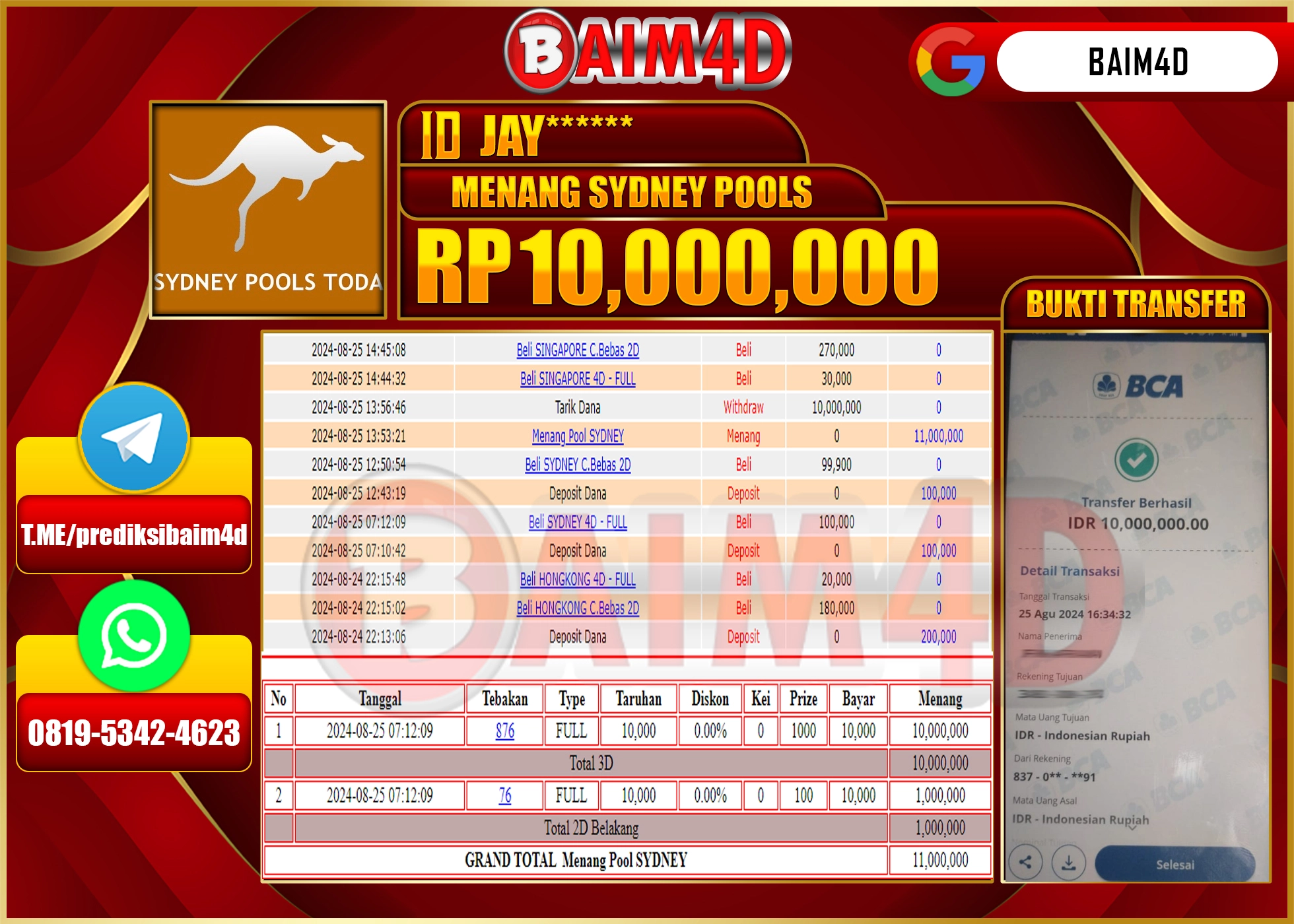BAIM4D JACKPOT  MENANG SYDNEY POOLS Rp.10.000,000.- LUNAS