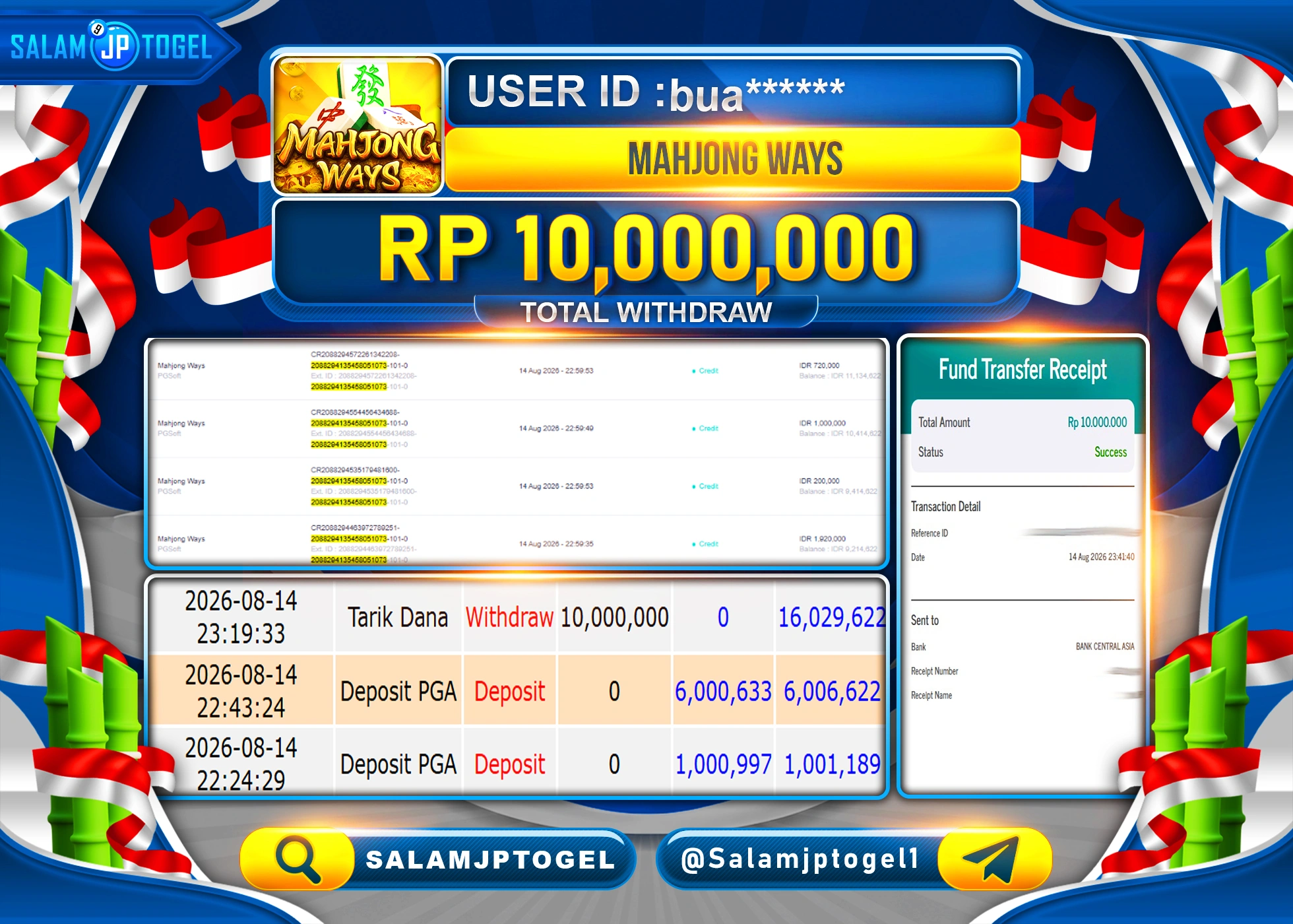 SALAMJPTOGEL JACKPOT MENANG SLOT MAHJONG WAYS PGSOFT  Rp.10,000,000 - LUNAS