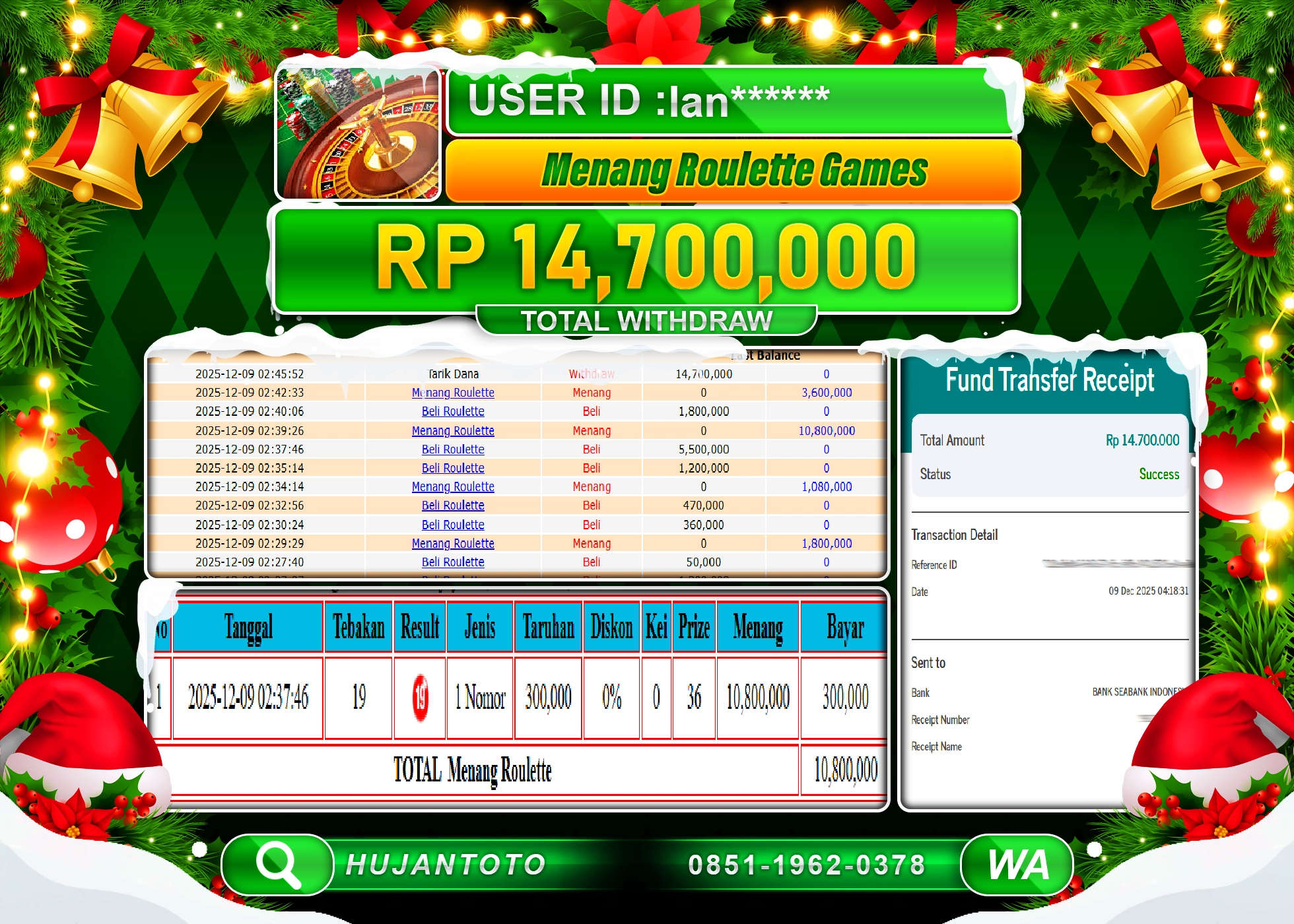 HUJANTOTO - BUKTI JACKPOT MENANG LIVE ROULETTE GAMES Rp.14,700,000 - TERBAYAR LUNAS