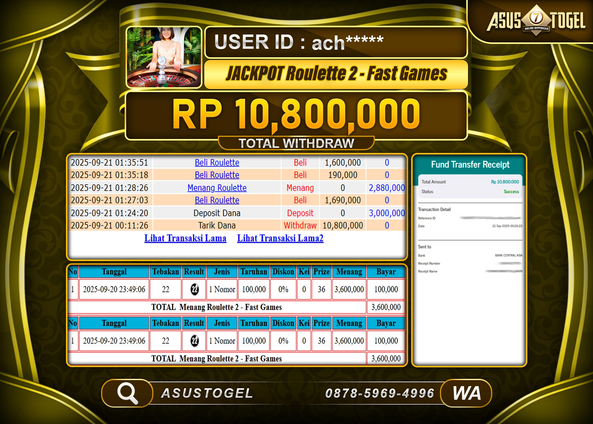 ASUSTOGEL KEMENANGAN DI LIVE GAMES ROULETTE 2 SEBESAR 10,800,000- RUPIAH LUNAS