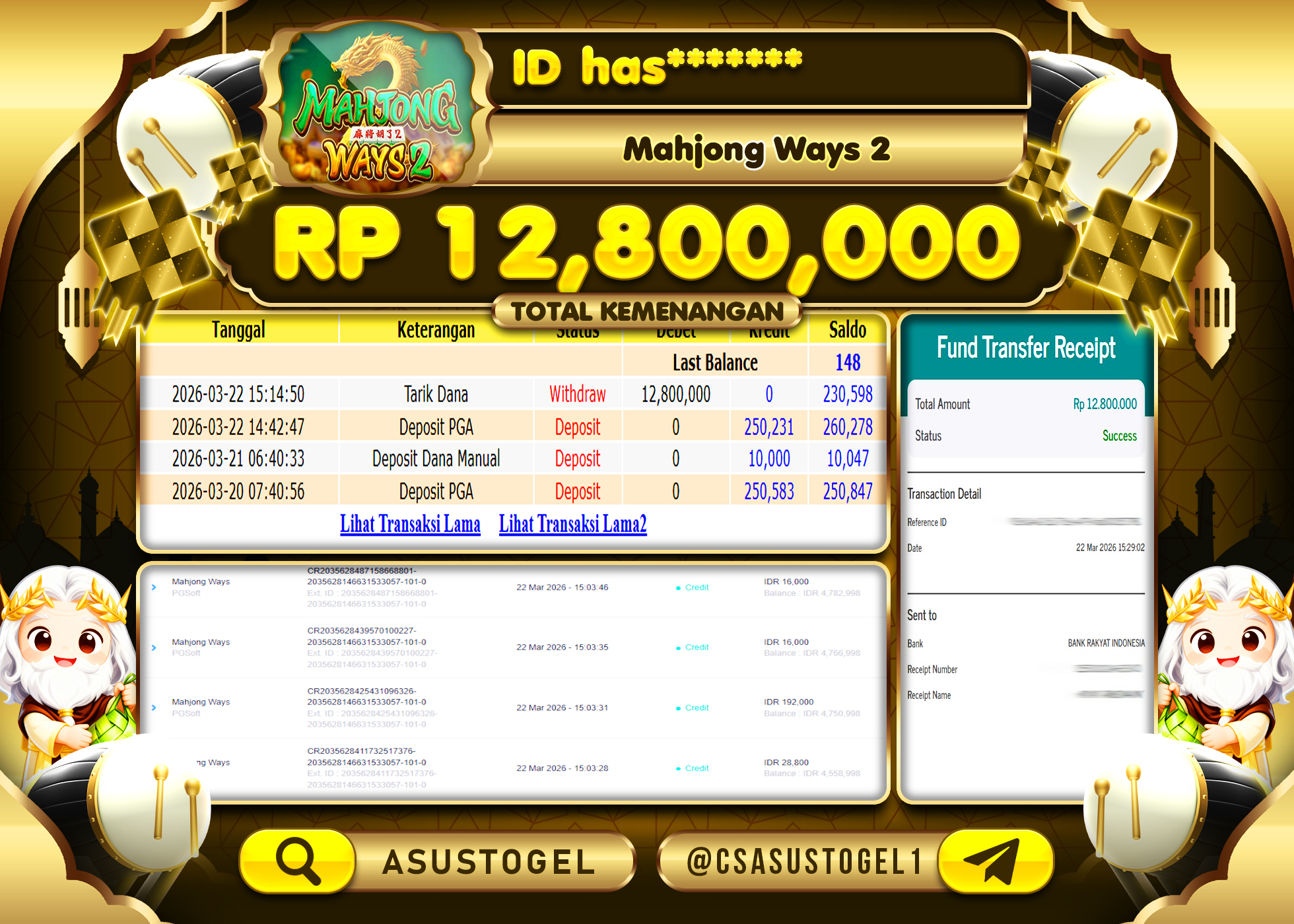 ASUSTOGEL KEMENANGAN JACKPOT DI SLOT MAHJONG WAYS 2 PG SOFT Rp.12,800,000 - RUPIAH LUNAS